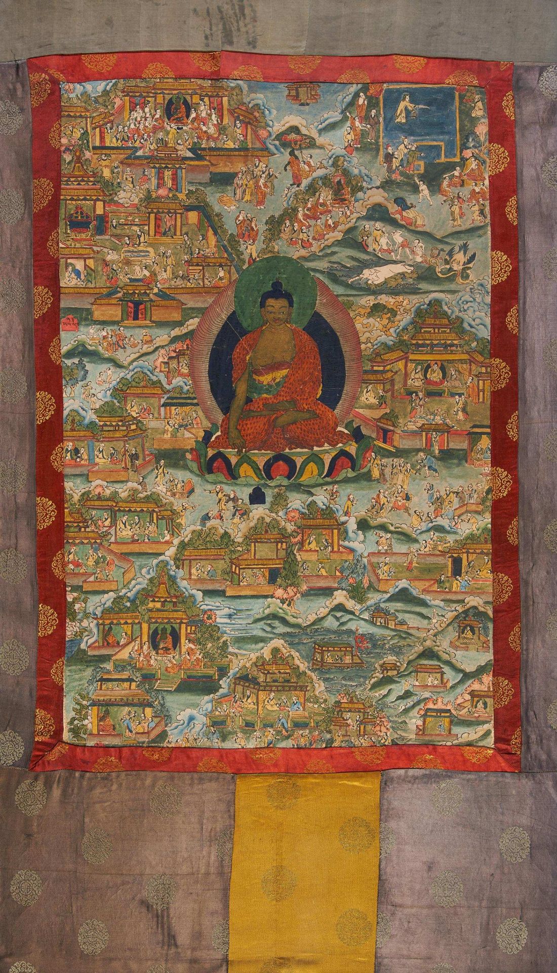 THANGKA OF BUDDHA SHAKYAMUNI. Nepal. 20th c. Colors and gold on fabric. Painted in expressive