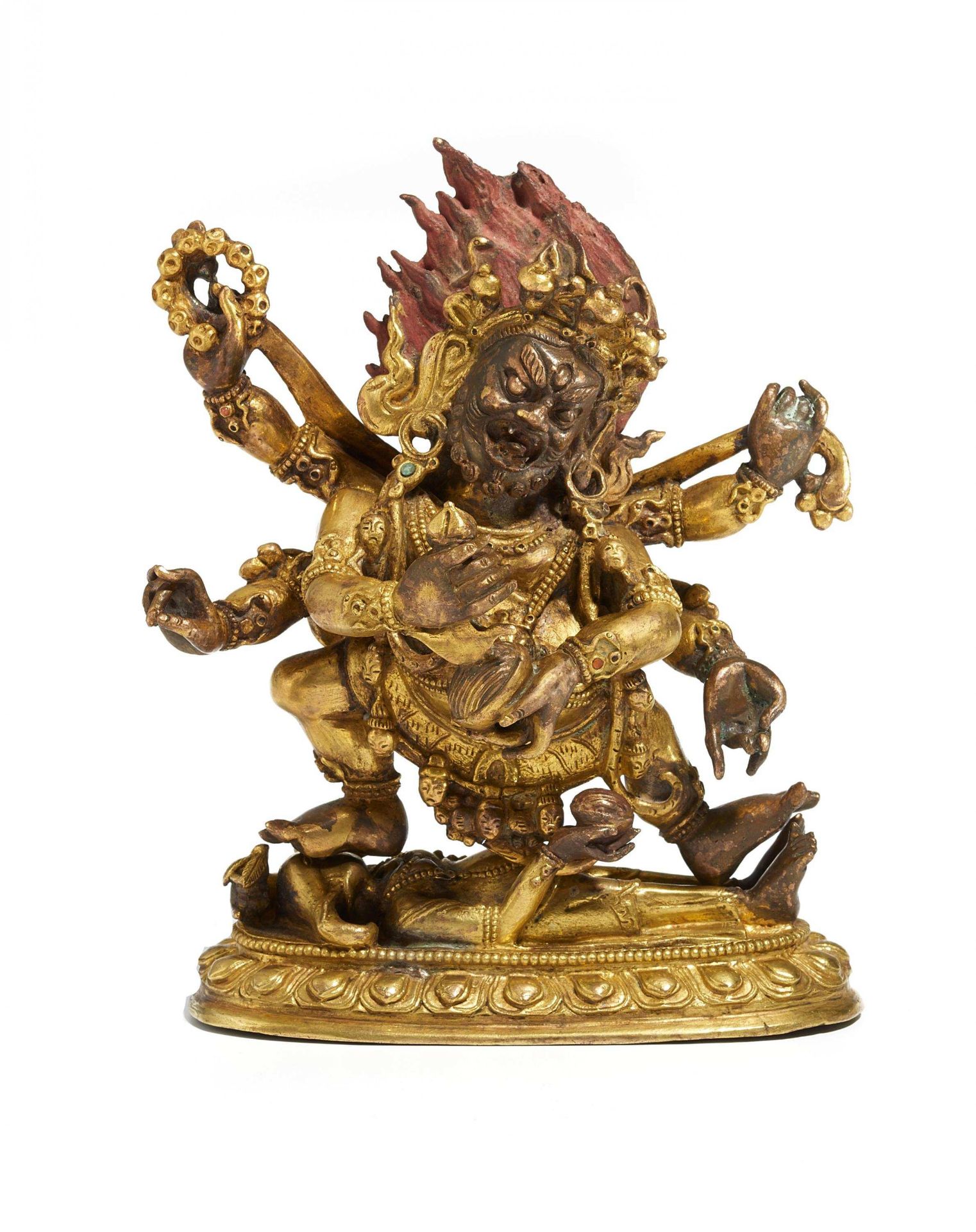 SADBHUJA MAHAKALA. Tibet. Ca. 17th c. Copper bronze with fire gilding, residue of pigments and