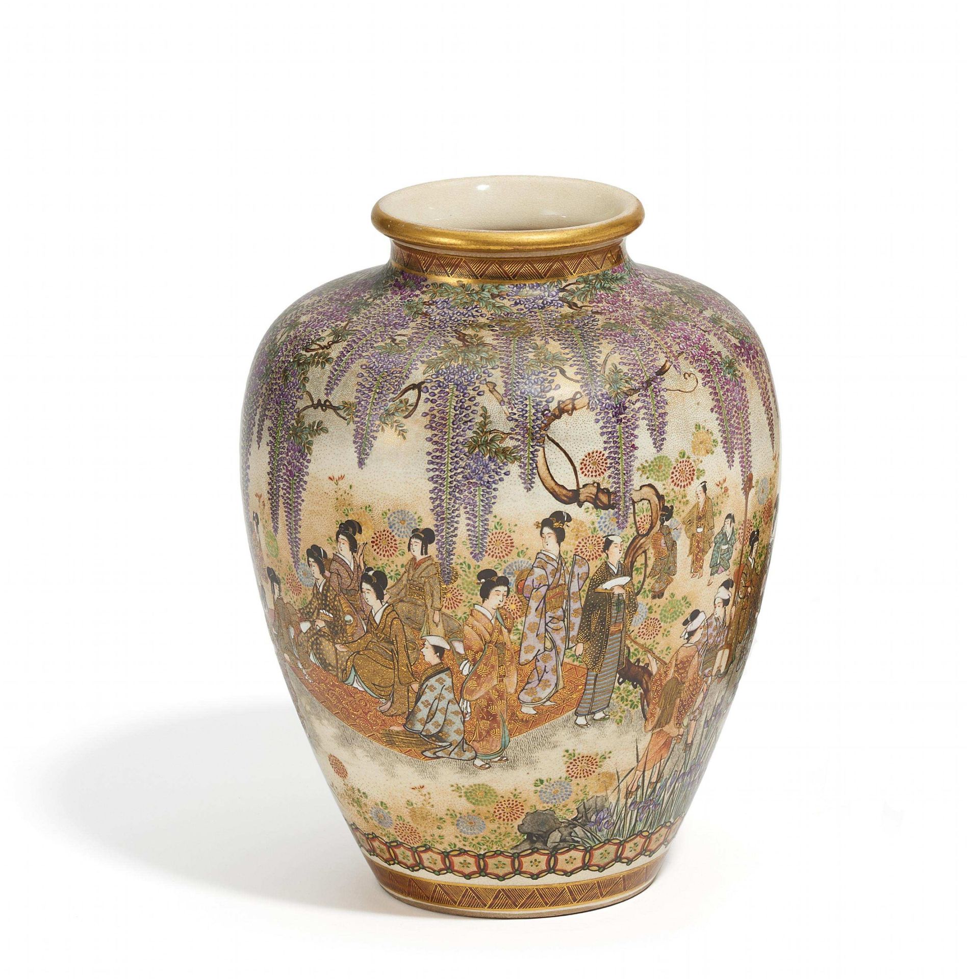 VASE WITH THE KAWACHI FUJI-GARDEN. Japan. About Meiji period. Satsuma ceramic, painted with