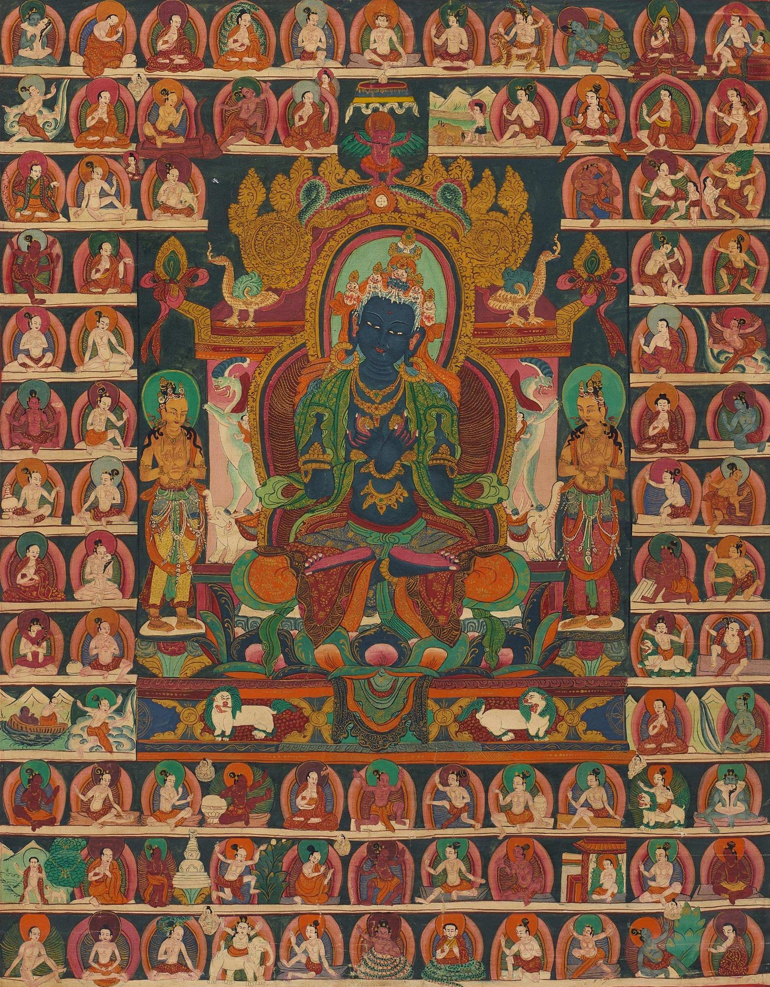 THANGKA WITH BUDDHA VAJRADHARA. Nepal. First half 20th c. Color and gold on fabric, unmounted. The