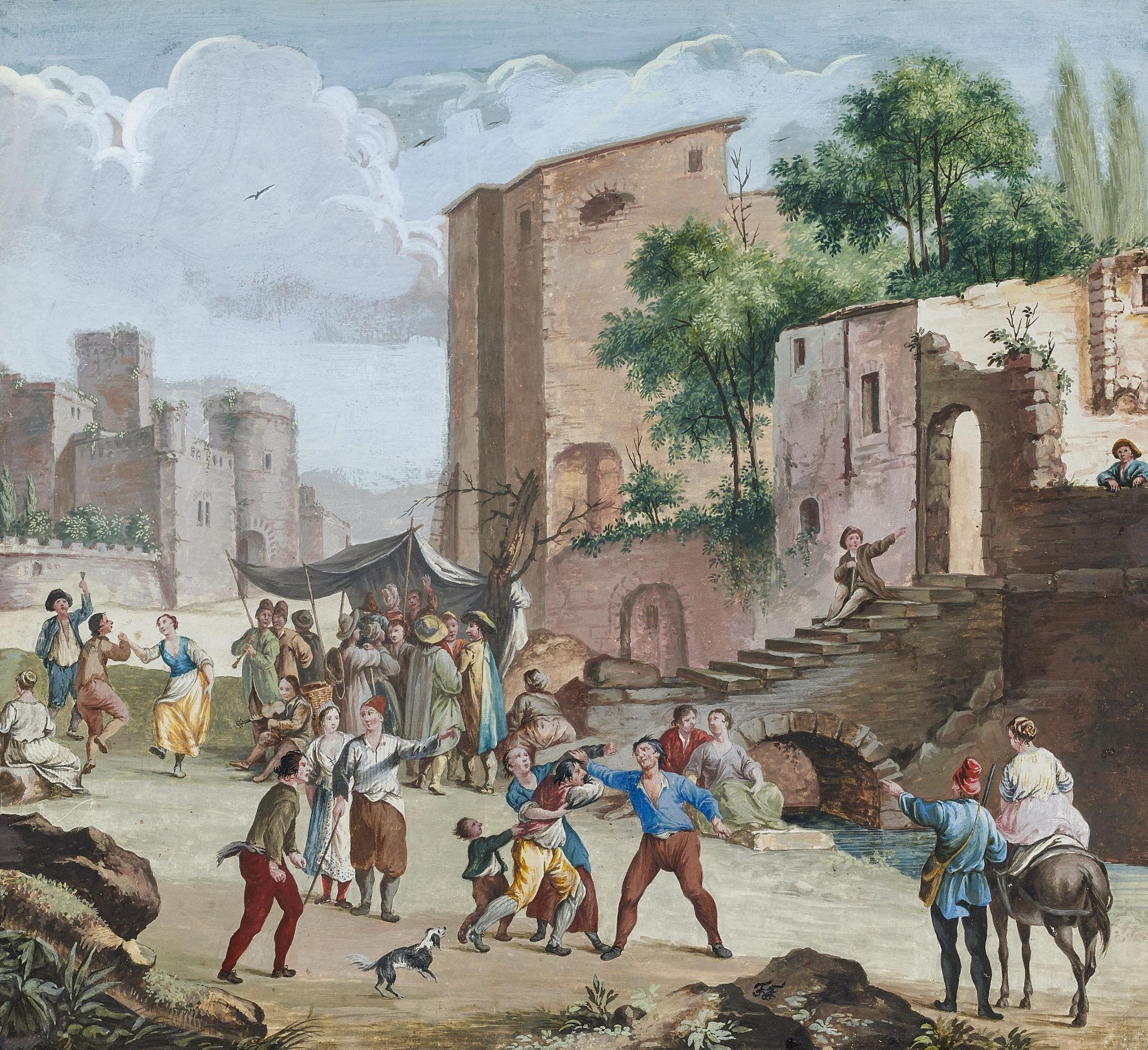 Italienischer Meister 18. Jh. Tanzende und Raufende in einem italienischen Dorf. Gouache auf Papier.