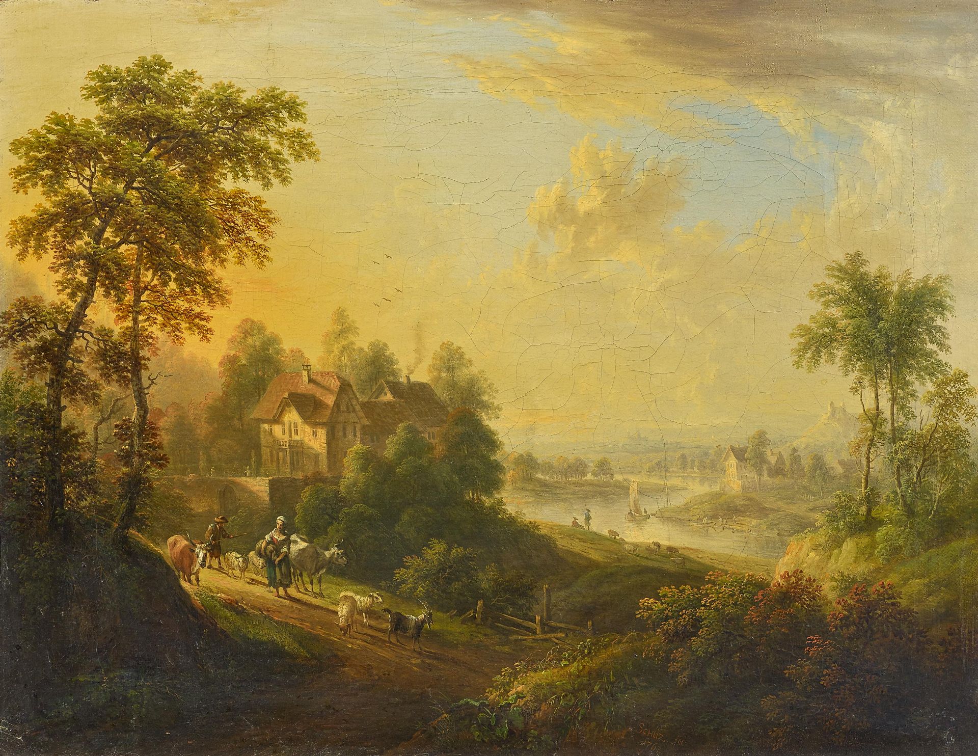 Schüz, Christian Georg I 1718 Flörsheim - 1791 Frankfurt/Main Abendstimmung über einem Flusstal.