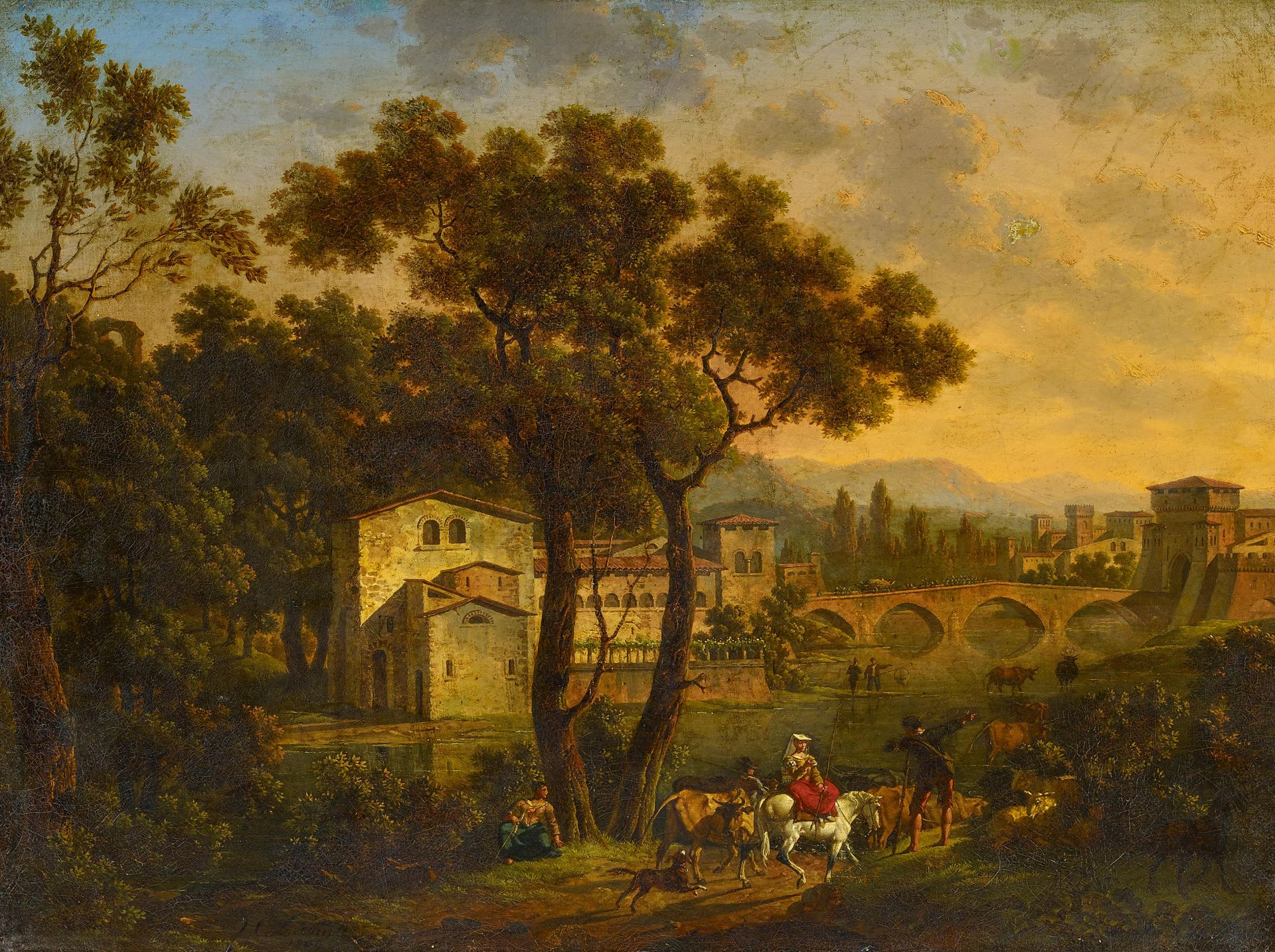 Lecomte, Hippolyte 1781 Puiseaux - 1857 Paris Ideale Landschaft mit Reisenden vor den Toren einer