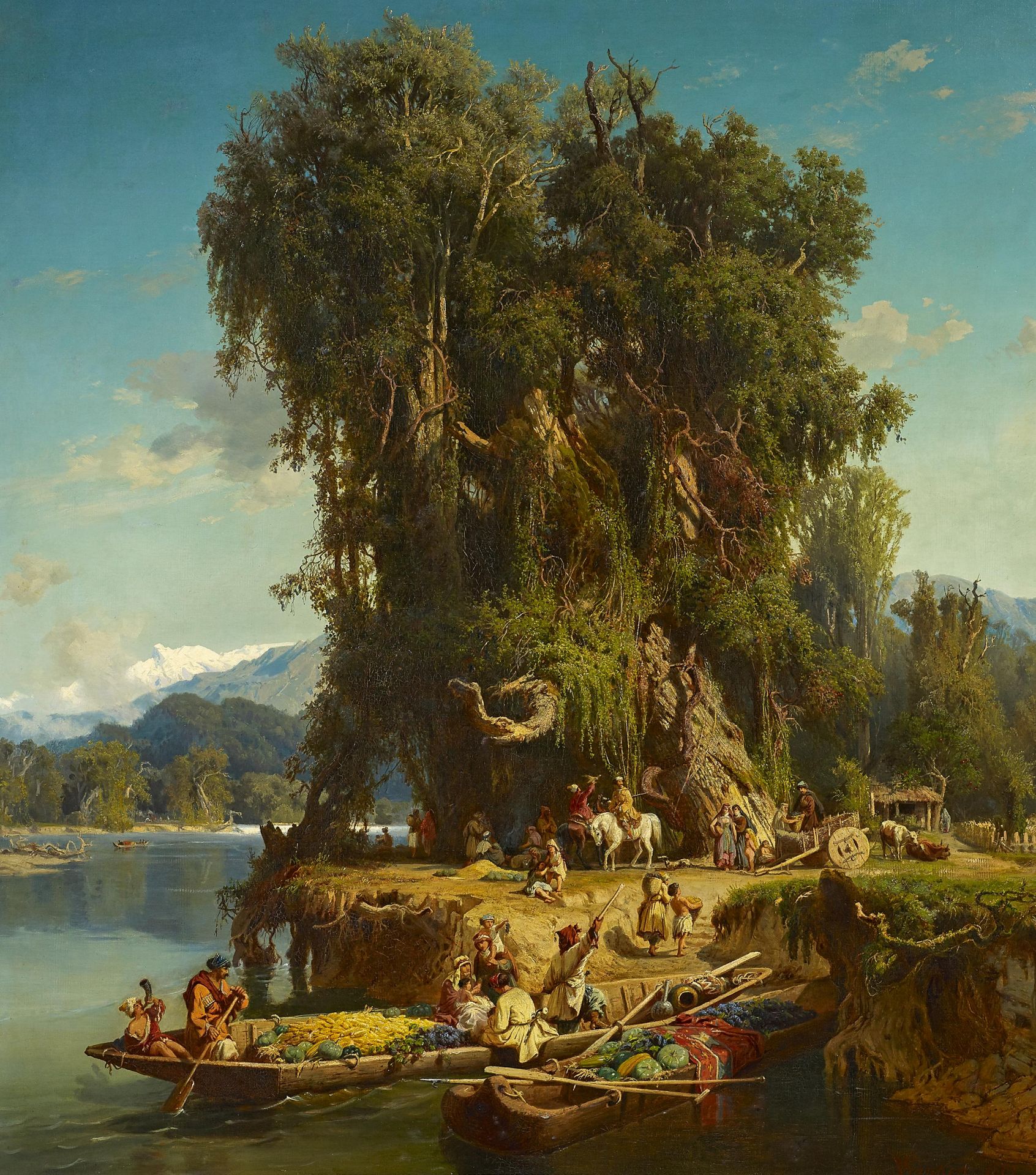 Franken, Paul von 1818 Wachtberg - 1884 Düsseldorf Kaukasische Bauern in ihren Booten am Ufer. Öl