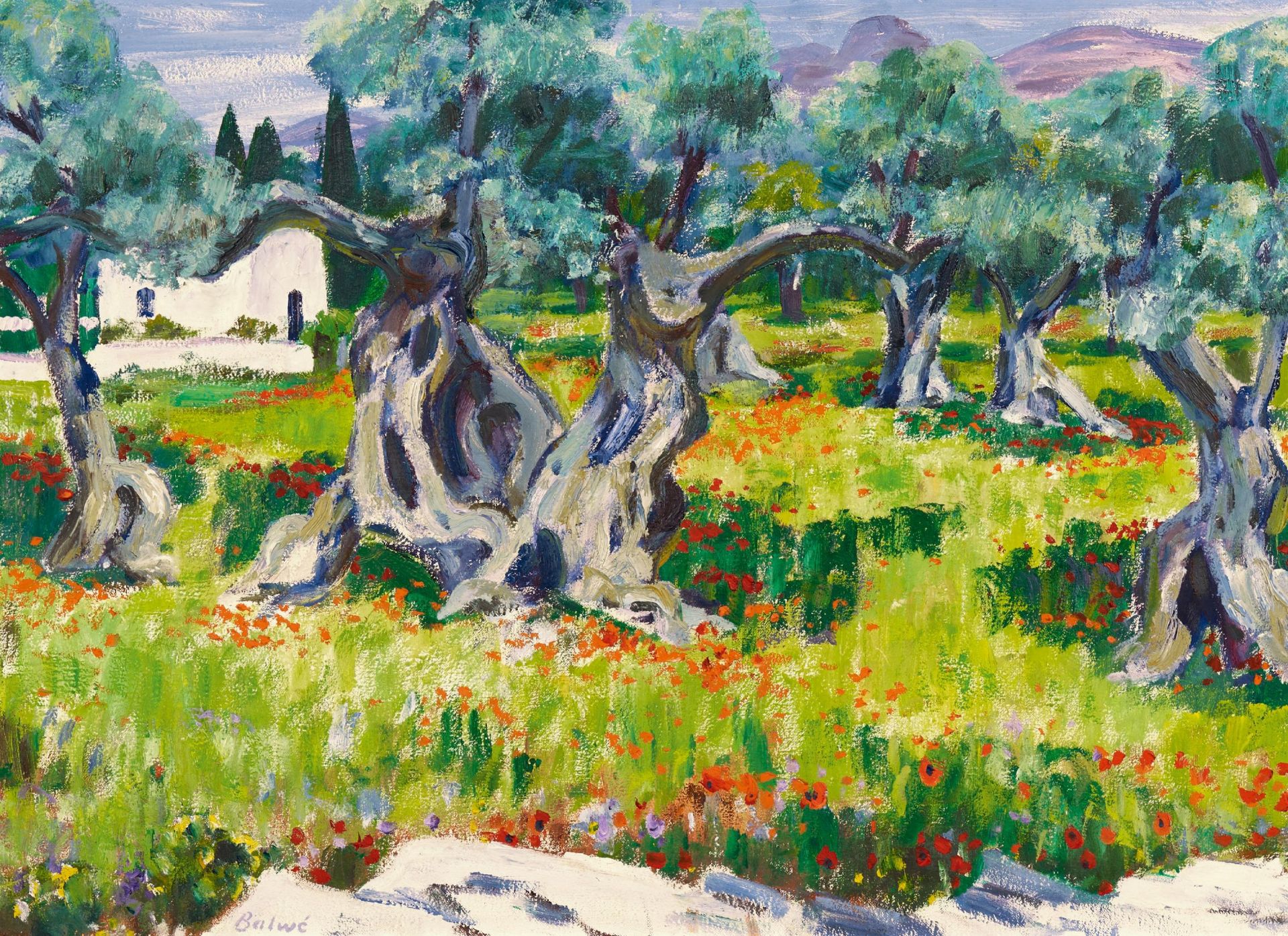 Balwé, Arnold 1898 Dresden - 1983 Prien "Ölbäume und Mohn". Öl auf Leinwand. 73 x 99,5cm. Signiert