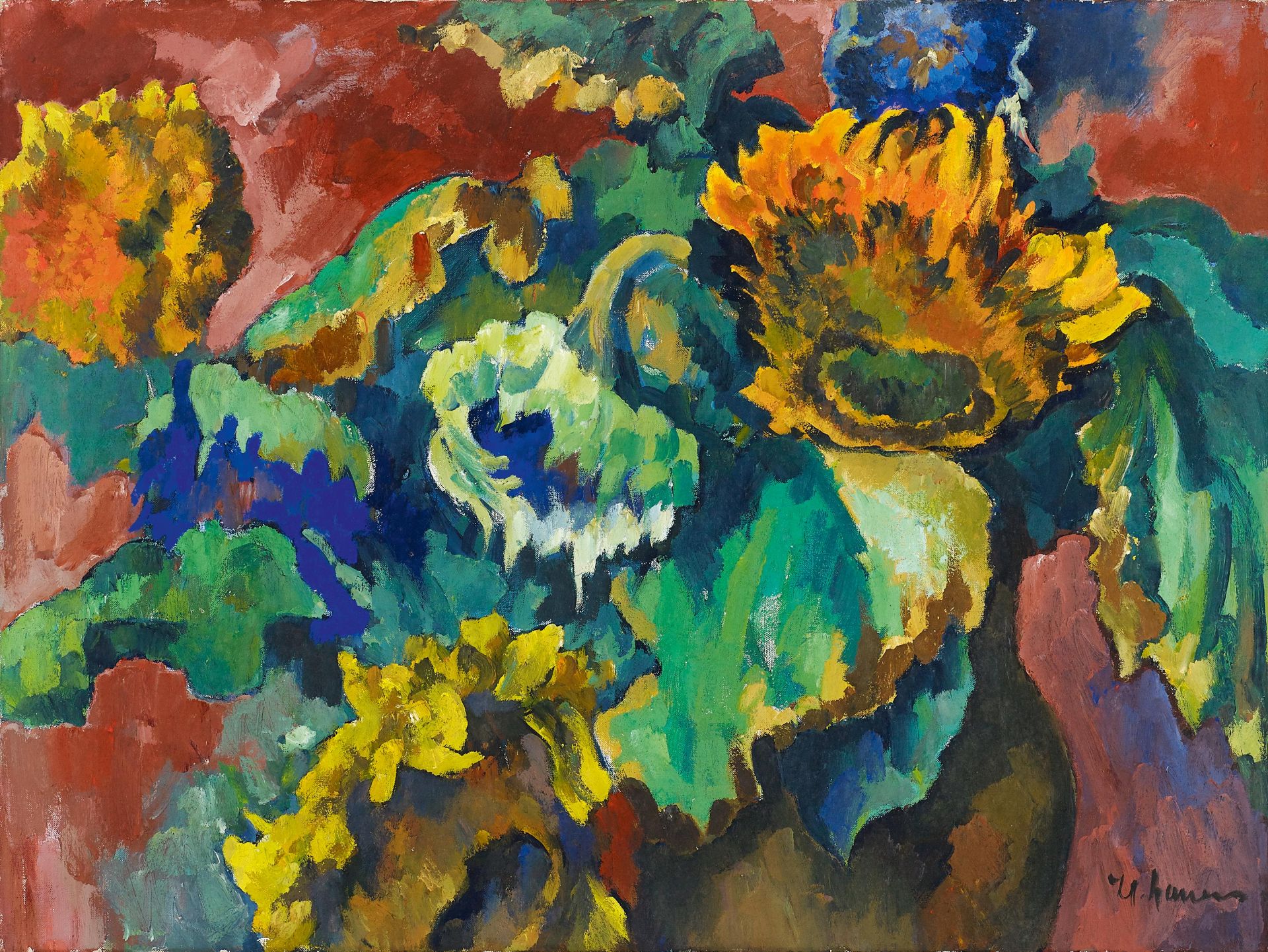 Nauen, Heinrich 1880 Krefeld - 1940 Kalkar Verwelkte Sonnenblumen in braunem Krug und dunkelblauer