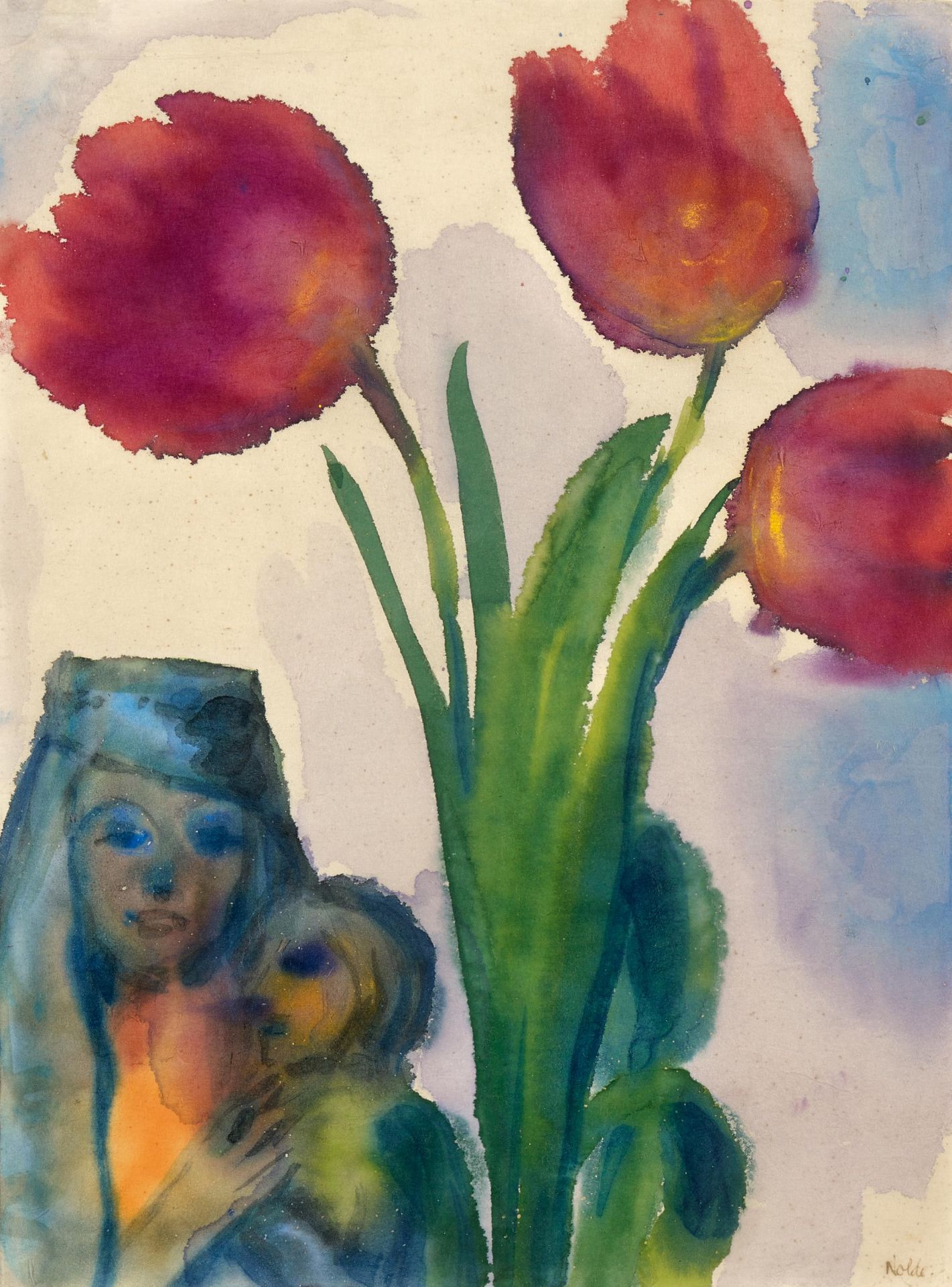 Nolde, Emil 1867 Nolde - 1956 Seebüll Madonna mit Tulpen. Aquarell auf feinem Japan. Um 1935-40.