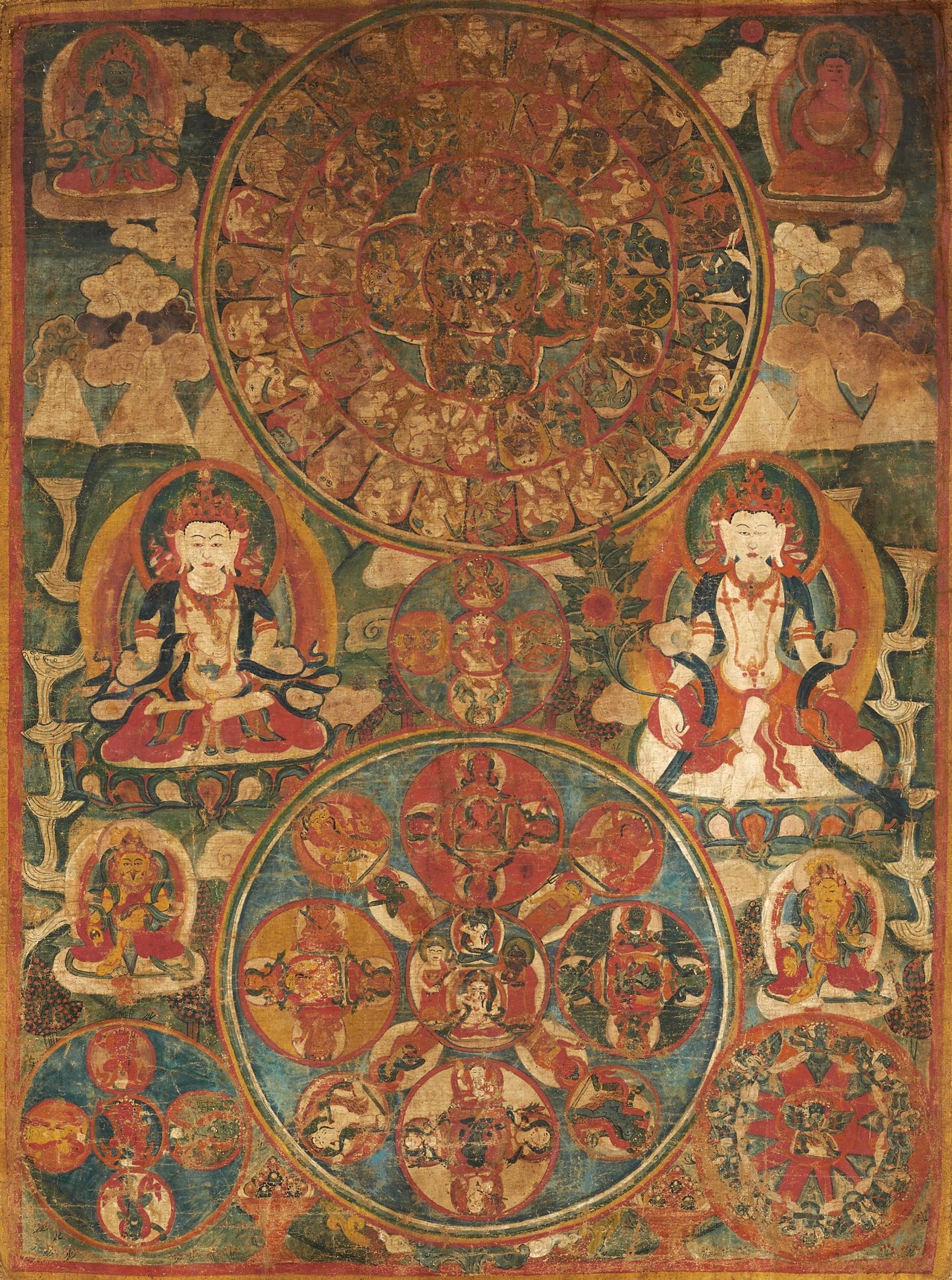 THANGKA MIT FRIEDVOLLEN UND ZORNVOLLEN GOTTHEITEN DES BARDO. Tibet/Nepal. Ca. 18./19. Jh. Farben auf