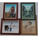 4 stuks grafiek Jan Balet 4 kleurenlitho's:koetsier in de sneeuw, familie aan het strand, op het