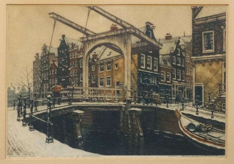 Brandenburg, ets, Amsterdam kleurenets, 38 x 55, de Groenburgwal te Amsterdam, gesigneerd Corn.