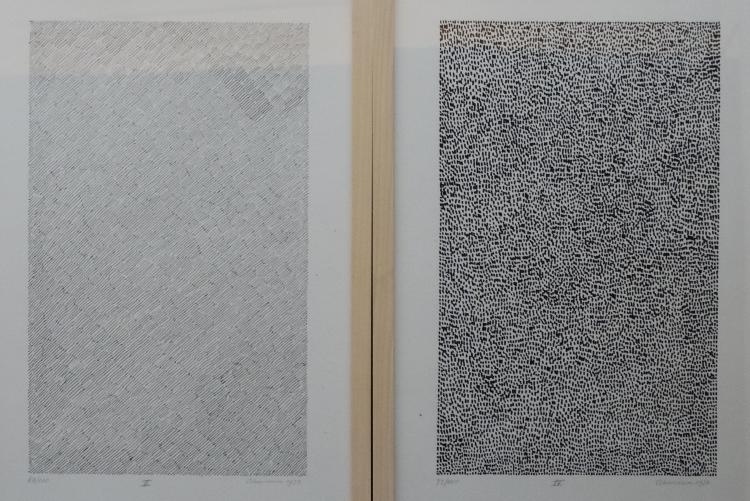 Jan Schoonhoven, 2x litho 2 litho's, 40 x 24, compositie met stippen en strepen, gesigneerd