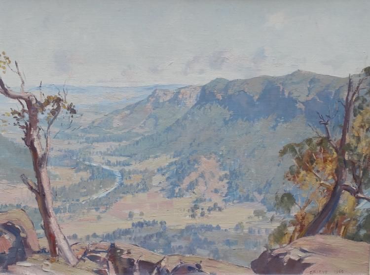 A. Grieve, Australisch landschap canvas board, 45 x 60, 'Valley of the Wollondilly' Burragorang,