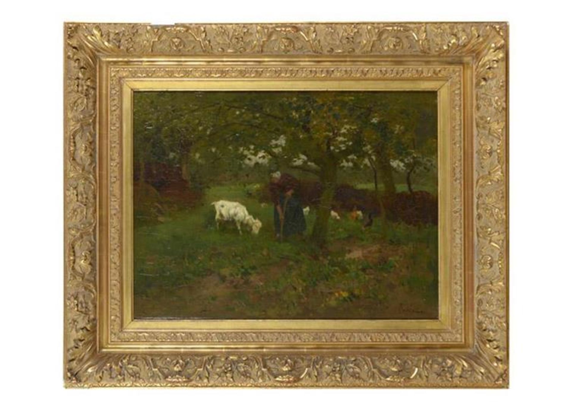 Schilderij, olieverf op doek, 'Oude vrouw met geit in boomgaard', gesigneerd, gedoubleerd. Jacob - Bild 2 aus 3