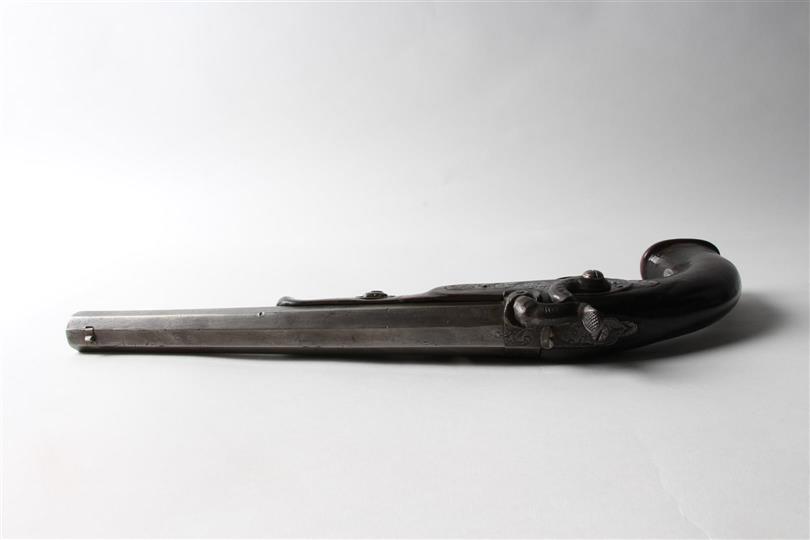 Soort: Schijfpistool. Mechanisme: Percussie. Herkomst: Frankrijk Jaartal: 1840 - 1860. Lengte - Image 3 of 4