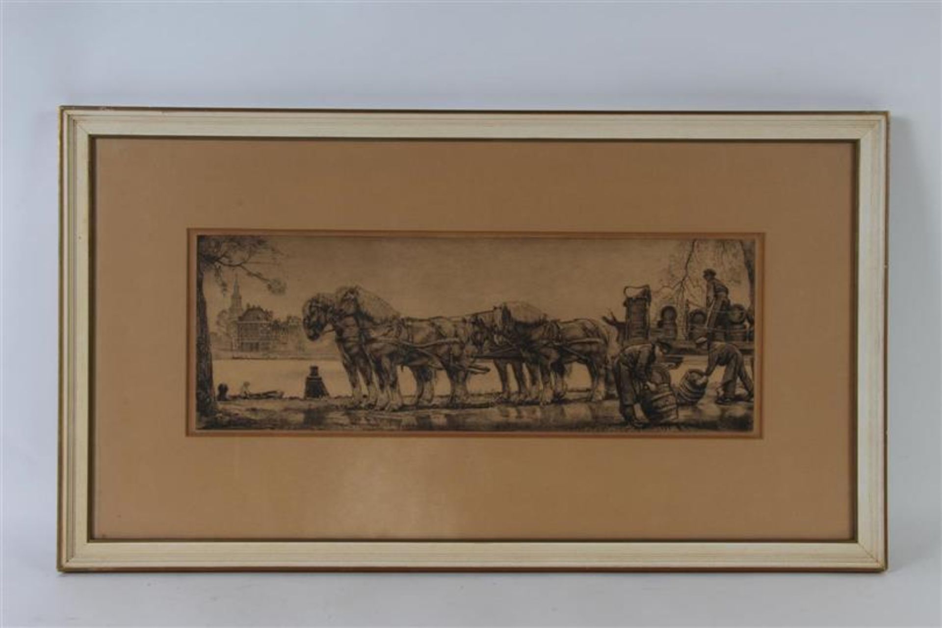 Ets 'Vierspan voor bierwagen'. Willem Gerard Hofker HxB: 15 x 43 cm.