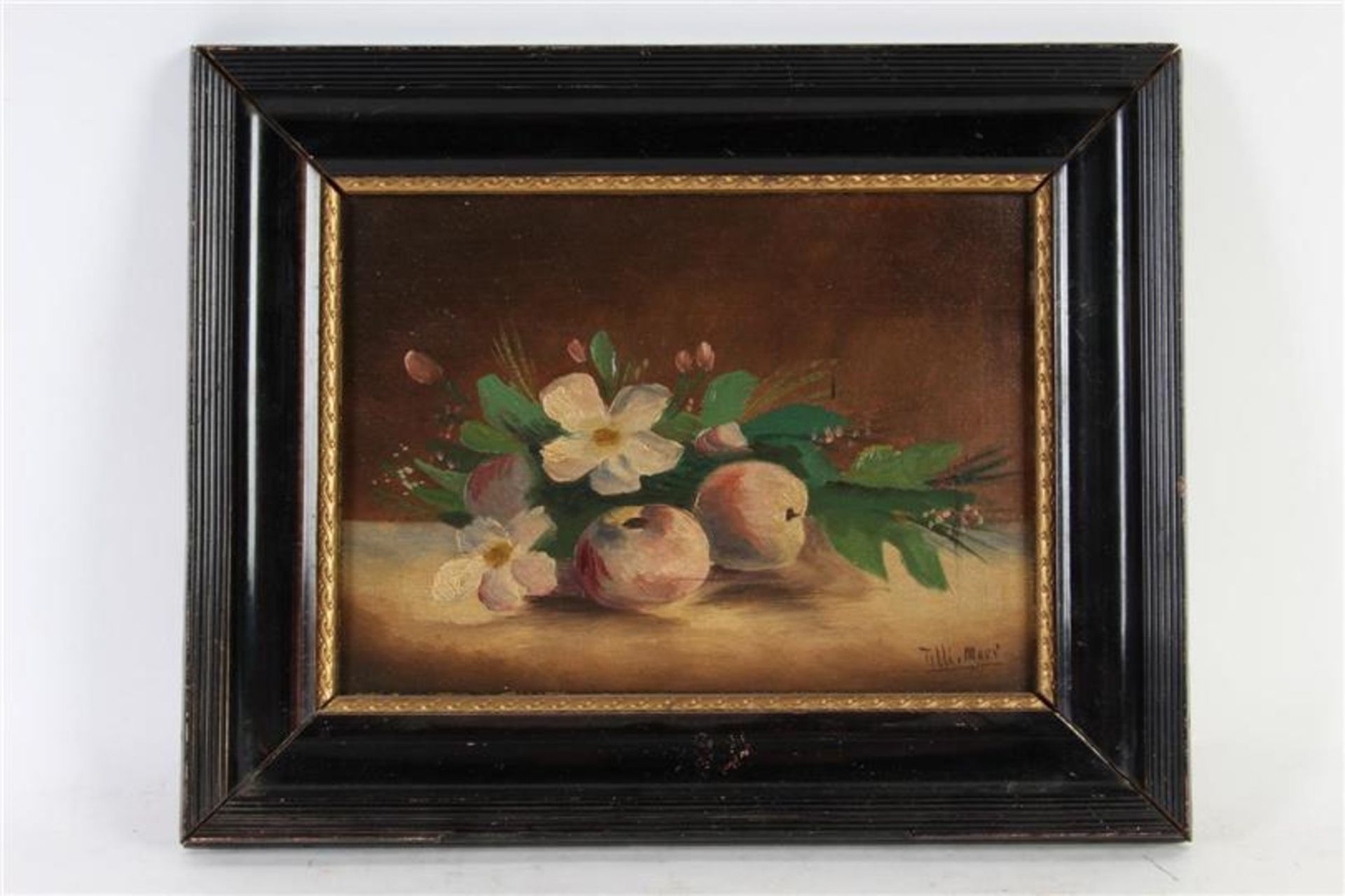 Stilleven van bloemen en fruit op hout geschilderd. Toegevoegd schilderij op board, 'Bussumse - Bild 3 aus 3