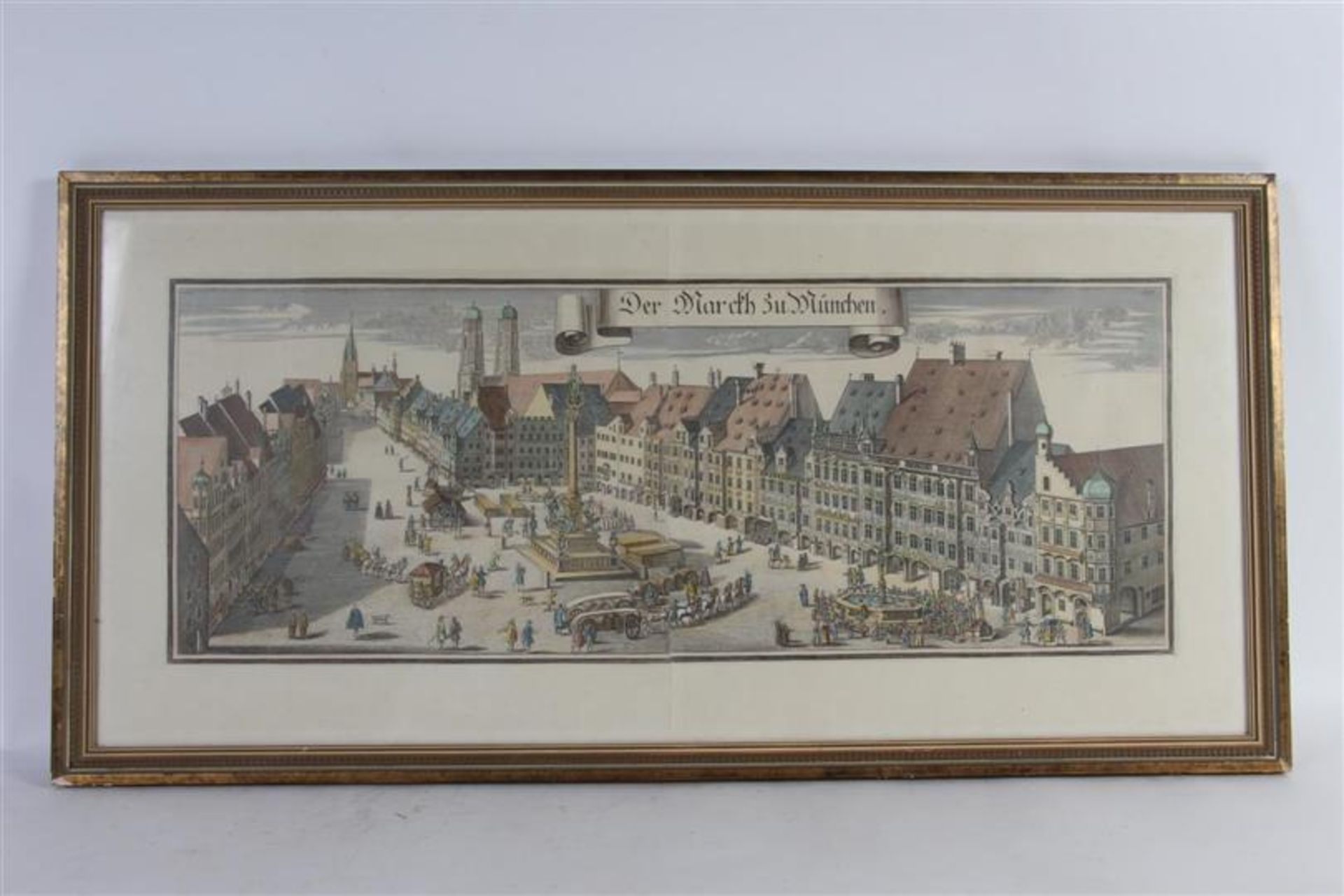 Kopergravure 'Der Markt zu München'. HxB: 28 x 70 cm.