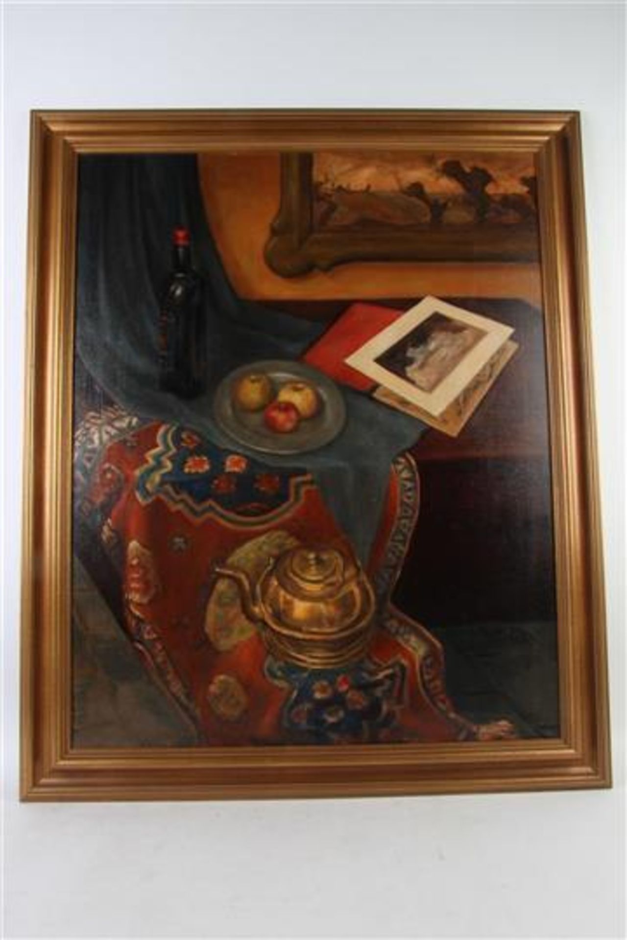 Schilderij op doek, stilleven 'Dressoir met appels'. HxB: 100 x 80 cm.