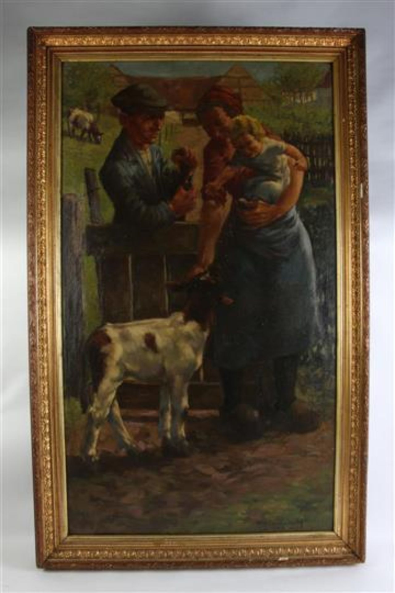 Schilderij, olieverf op doek, 'Boerenfamilie met kalf 1943'. Voort, Josephus Henricus Ludovicus (