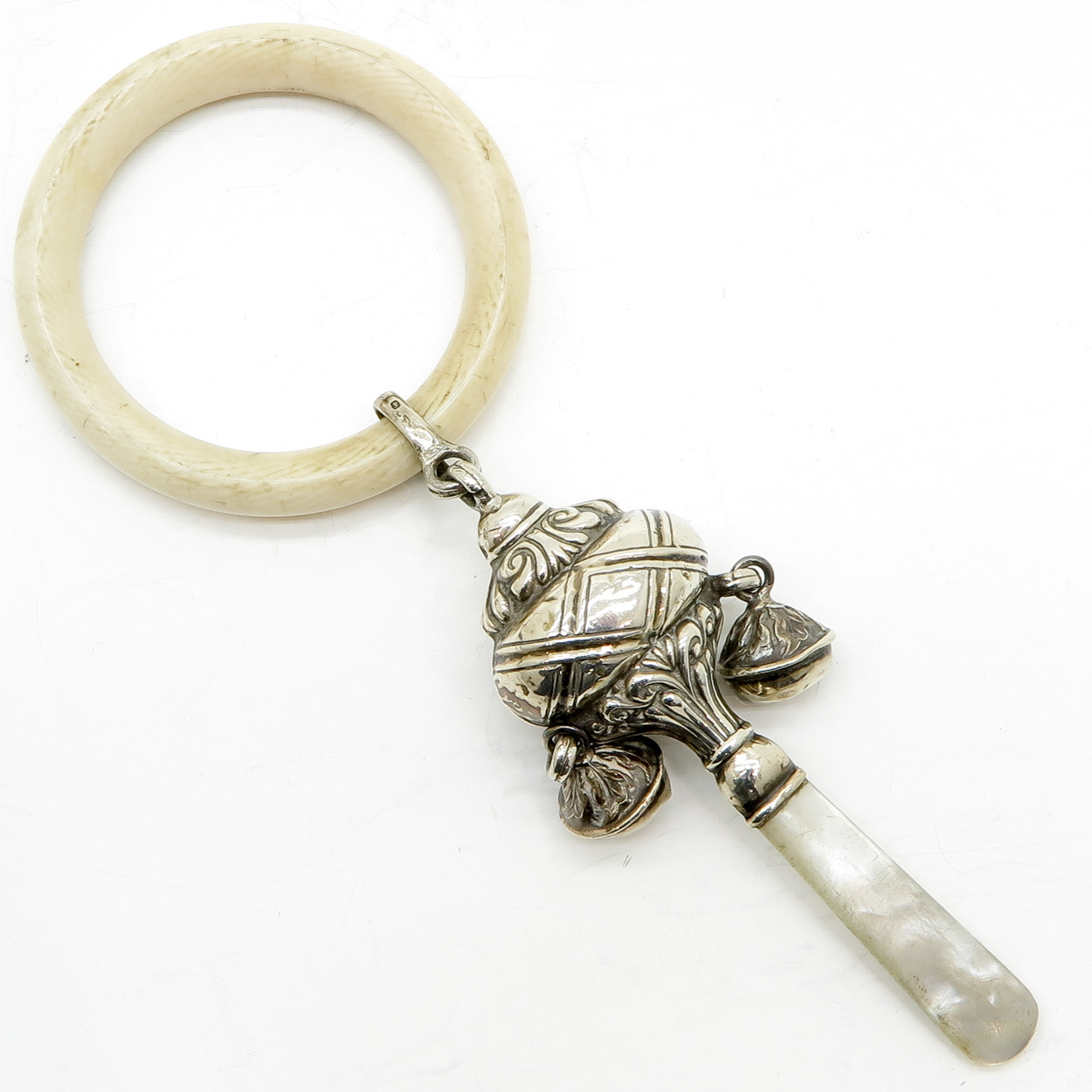English Silver Baby Rattle with Mother of Pearl