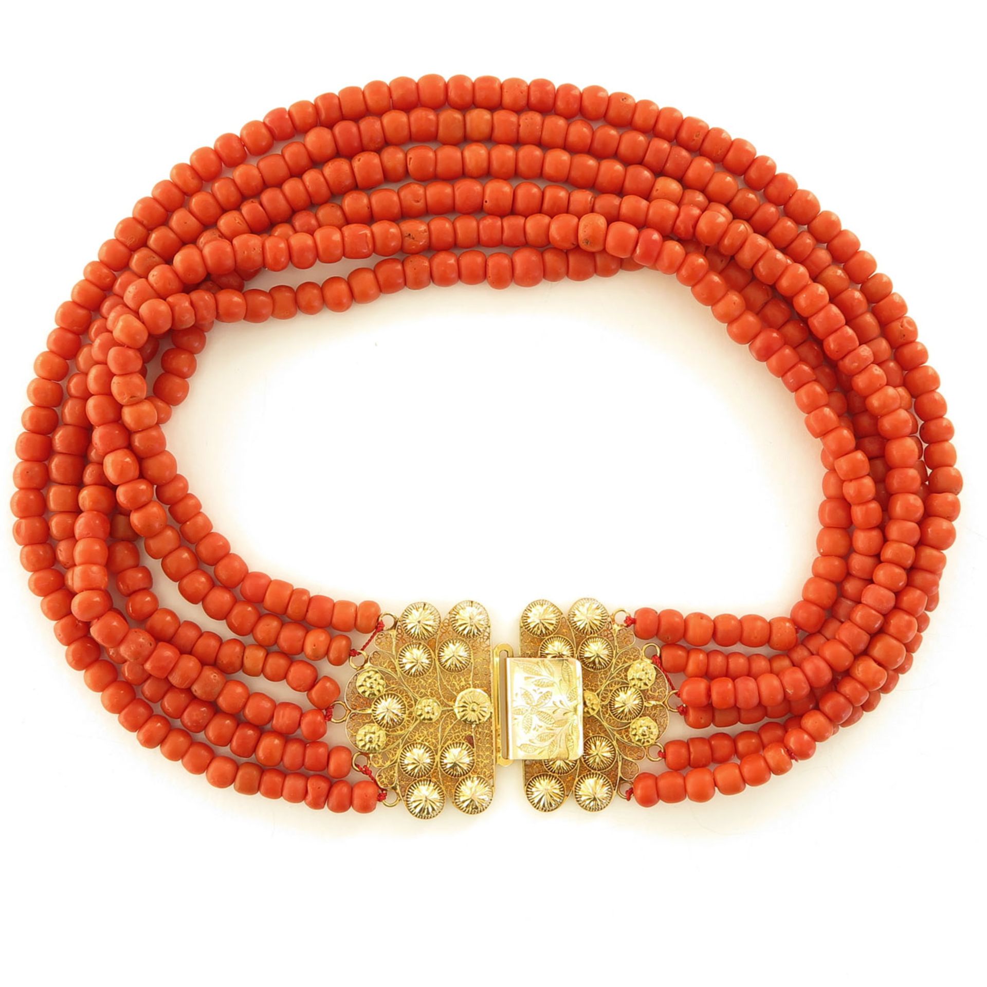 19th Century 6 Strand Red Coral Necklace on 14KG Clasp