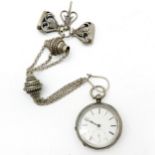 Silver Pocket Watch with Chatelain, Fobs, and Key