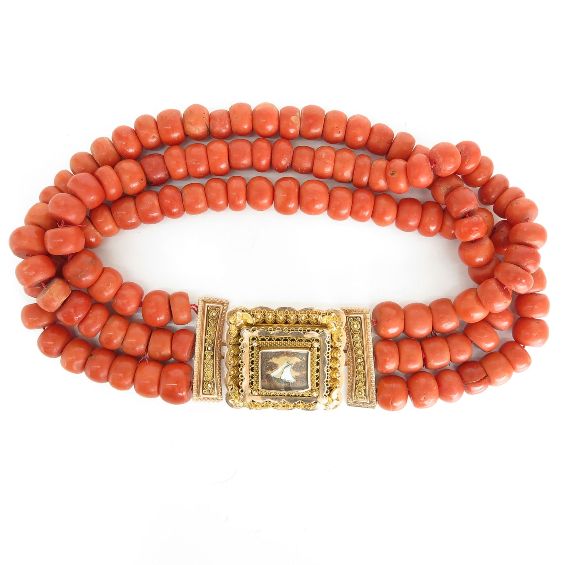 19th Century 3 Strand Red Coral Necklace 14KG Clasp