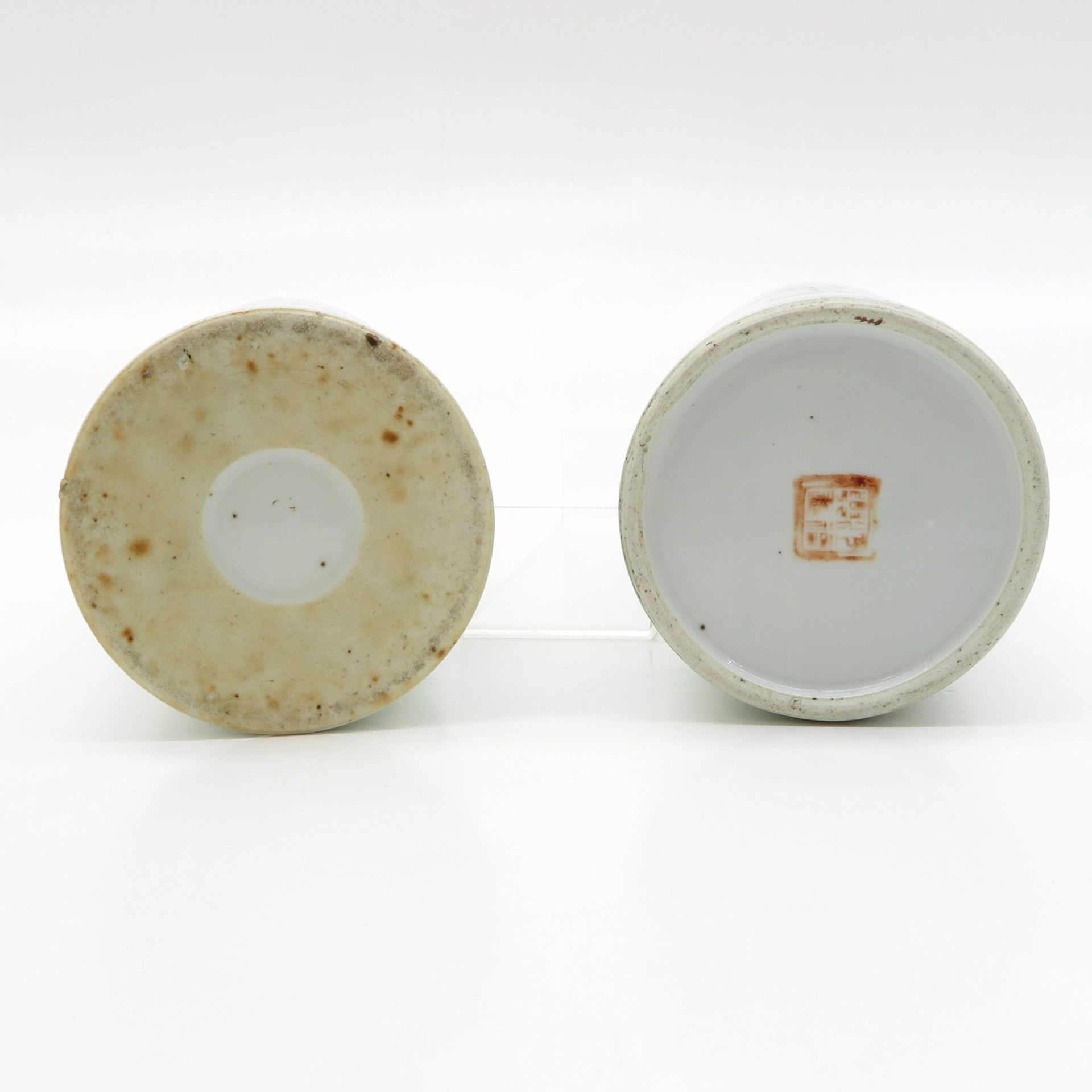 Lot of 2 China Porcelain Cylinder Roll Wagon Vases - Bild 6 aus 6