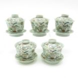 Lot of 5 China Porcelain Lidded Cups and Saucers