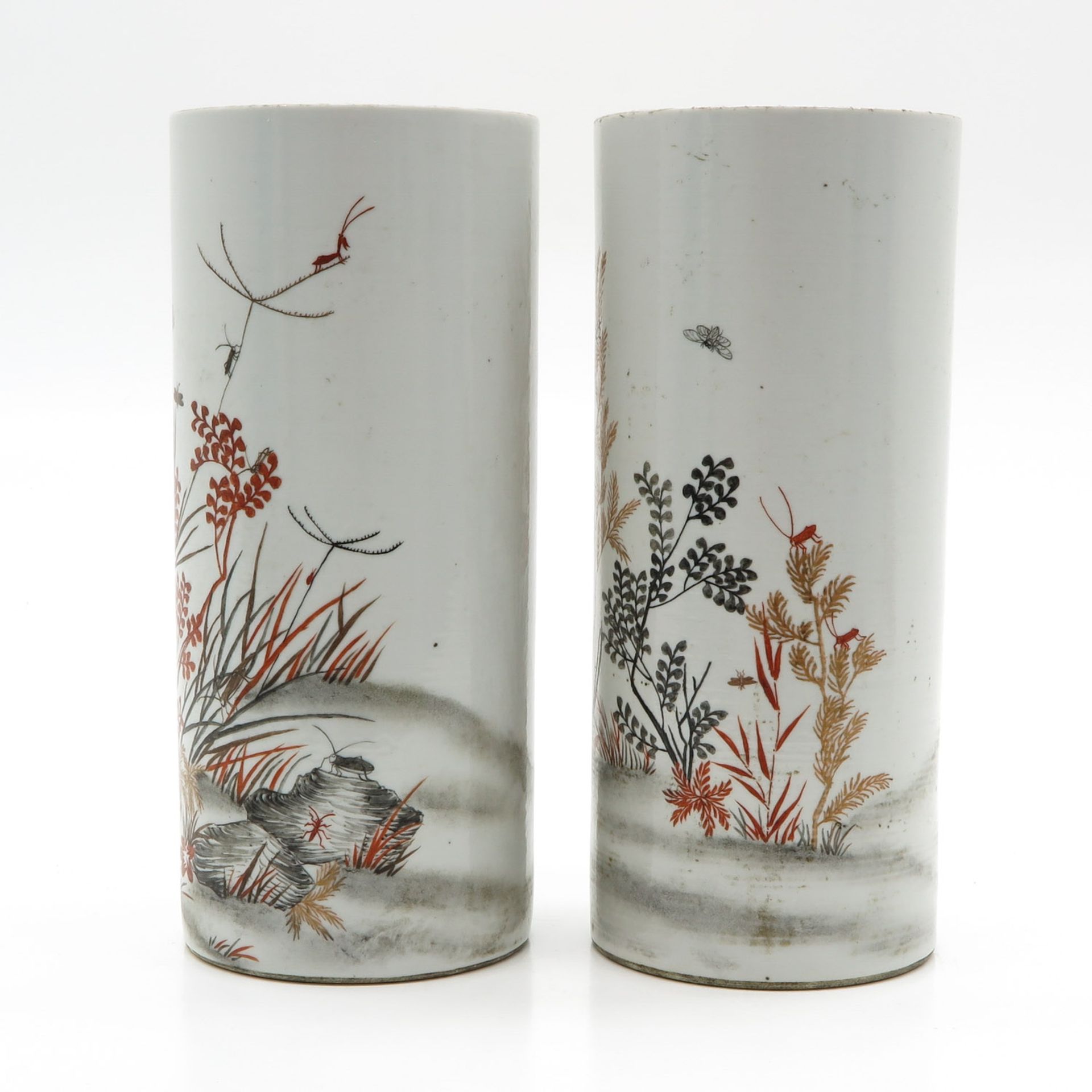 Lot of 2 China Porcelain Cylinder Roll Wagon Vases - Bild 2 aus 6