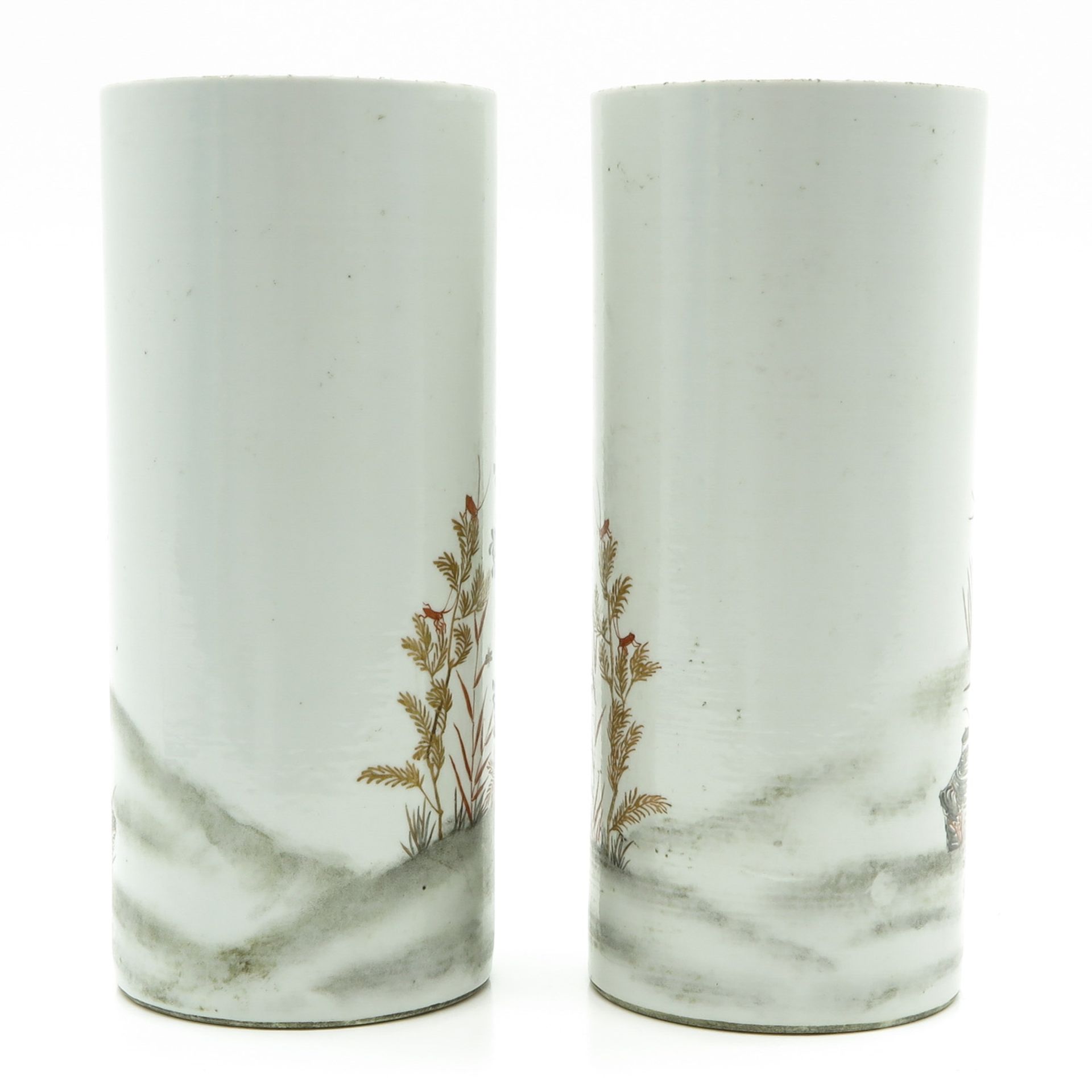 Lot of 2 China Porcelain Cylinder Roll Wagon Vases - Bild 3 aus 6