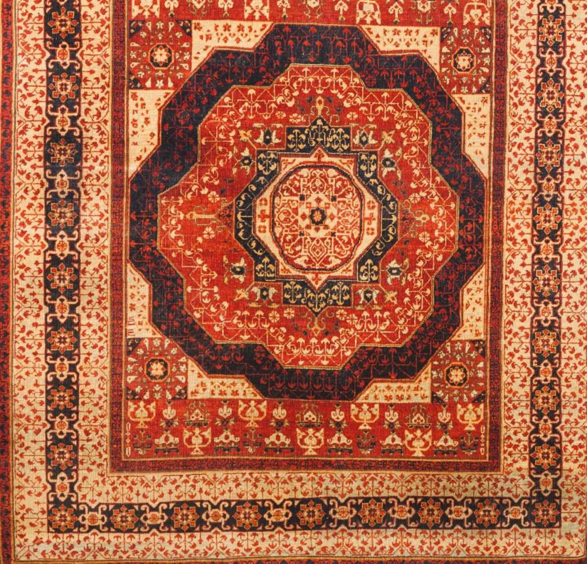 A Mamluk carpet Cotton and wool Beige, blue and red decoration Egypt 229x189 cm