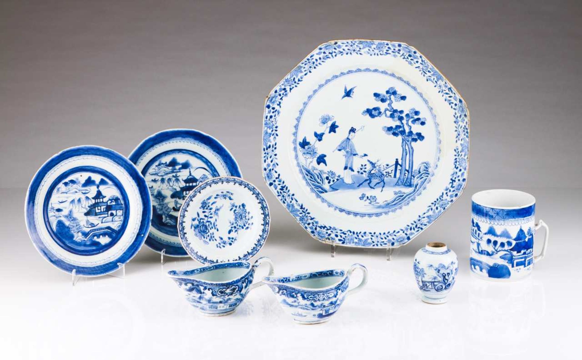 An octagonal charger Chinese export porcelain Blue decoration with Oriental figure and deer Qianlong