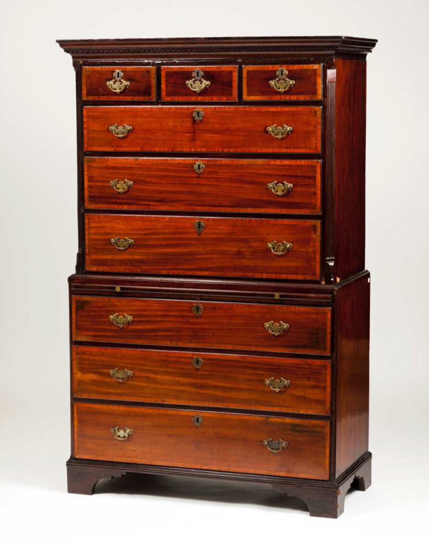 A George III style Tallboy Mahogany Root mahogany and hawthorn marquetry decoration Six long