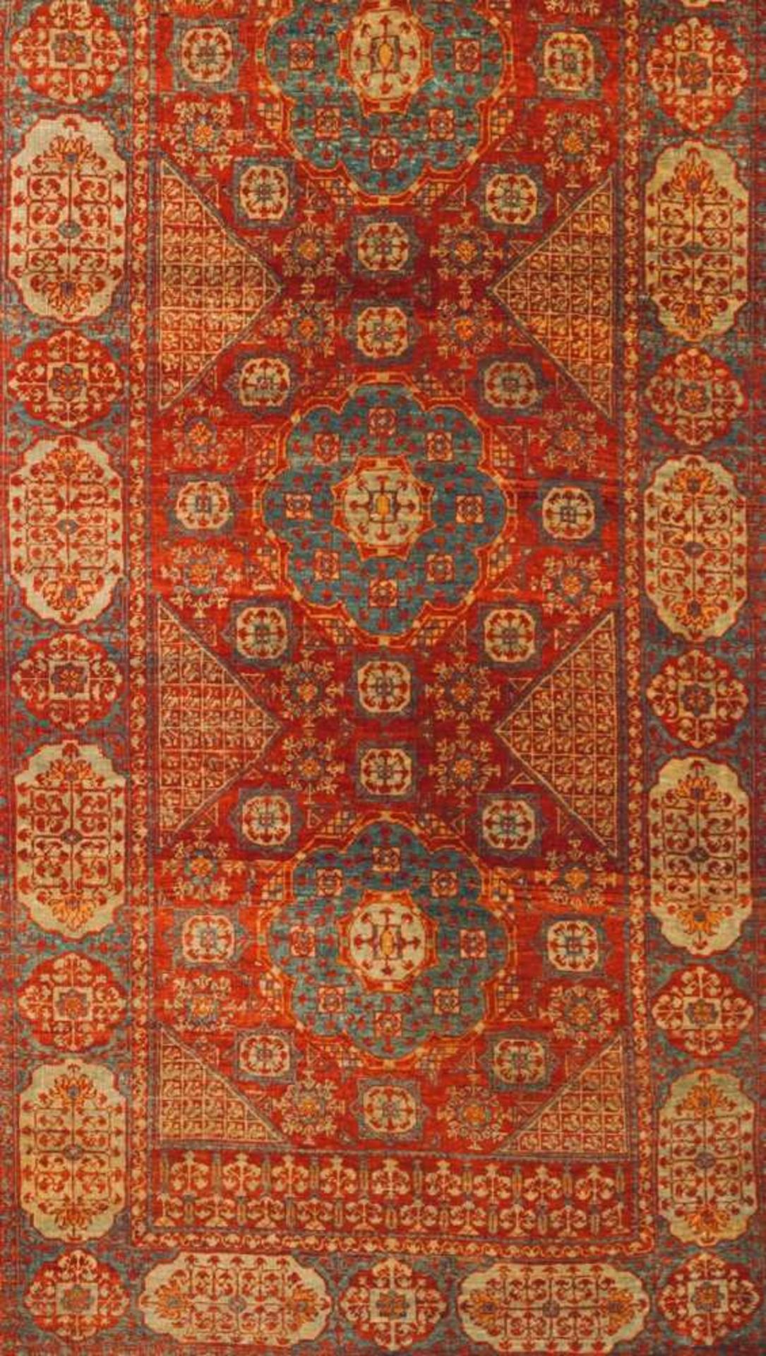 A Mamluk carpet Cotton and wool Blue, yellow, green and red decoration 347x104 cm