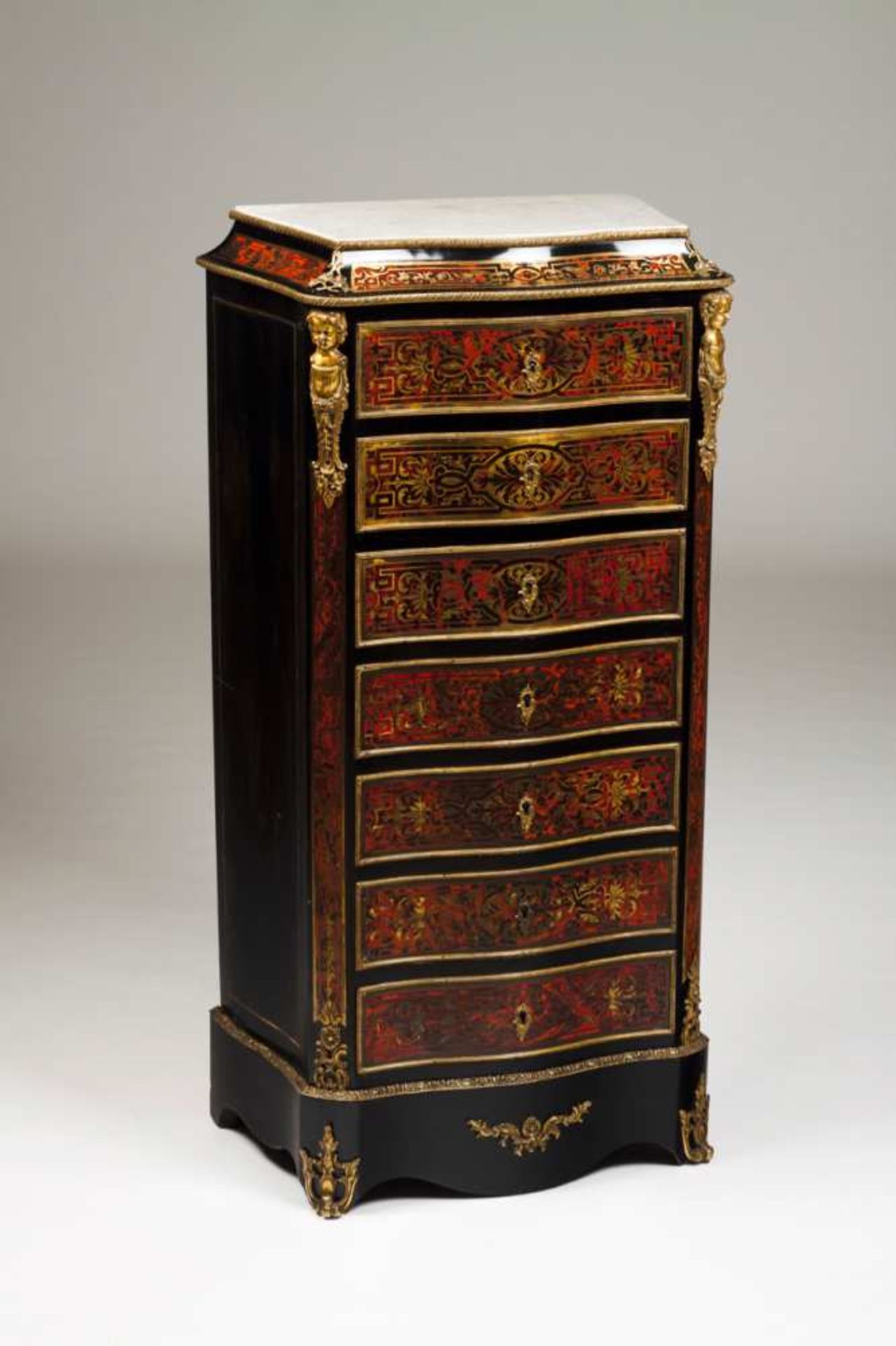 A Napoleon III Secretaire à Abattant, Boulle style Ebonized wood Tortoiseshell and gilt metal inlaid