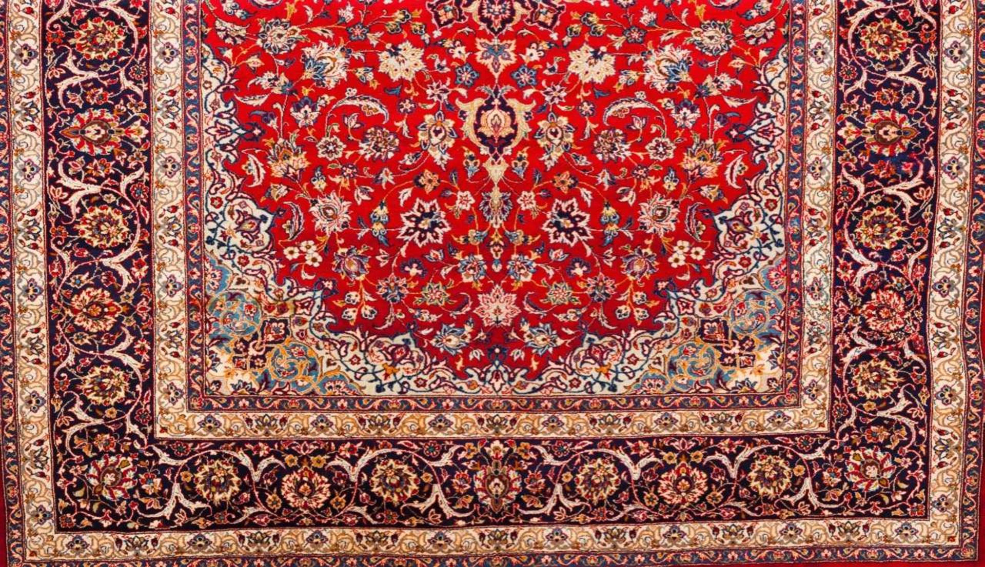 Mashad carpet Cotton and wool Geometric design in blue, green, red and beige 368x226 cm