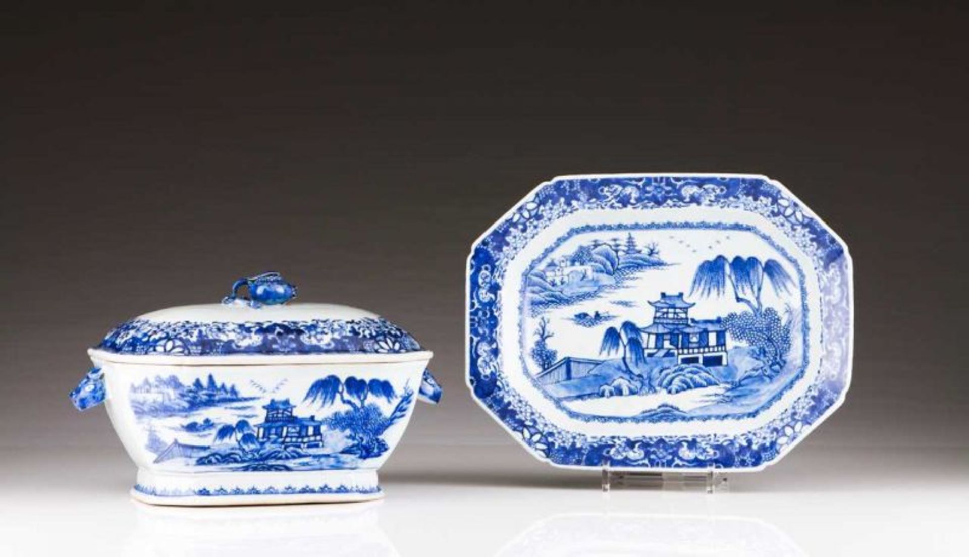 An octagonal tureen with dish Chinese export porcelain Blue decoration depicting riverscape with
