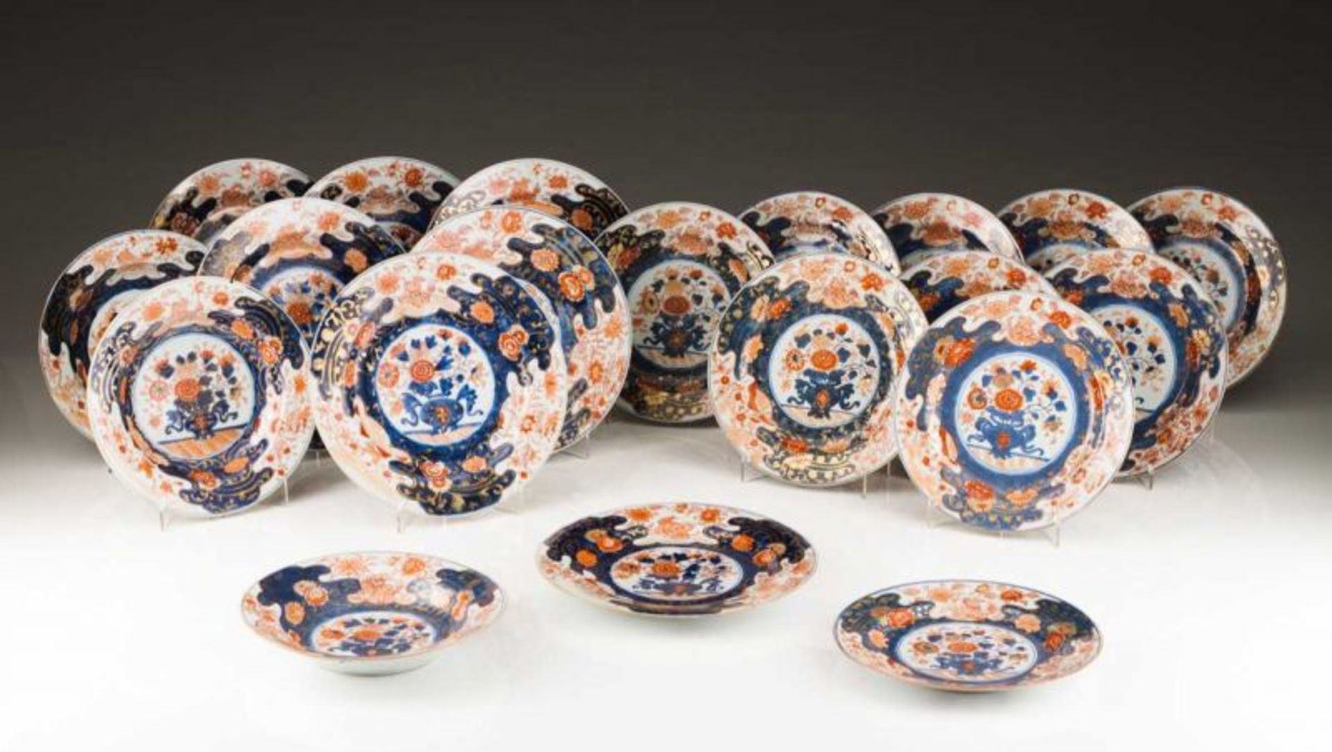 Part of a table service Chinese export porcelain Imari decoration in blue, rouge-de-fer and gilt