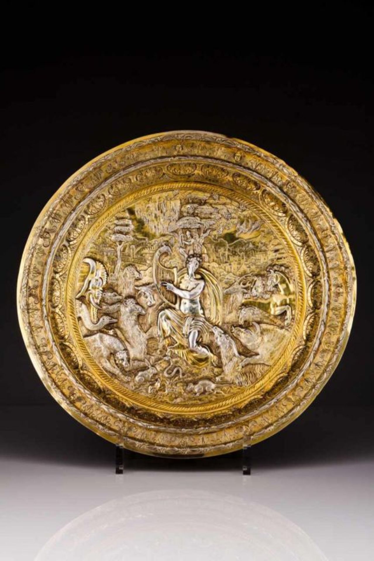 A rare salver German silver gilt, first half of the 17th century Relief decoration with impressive