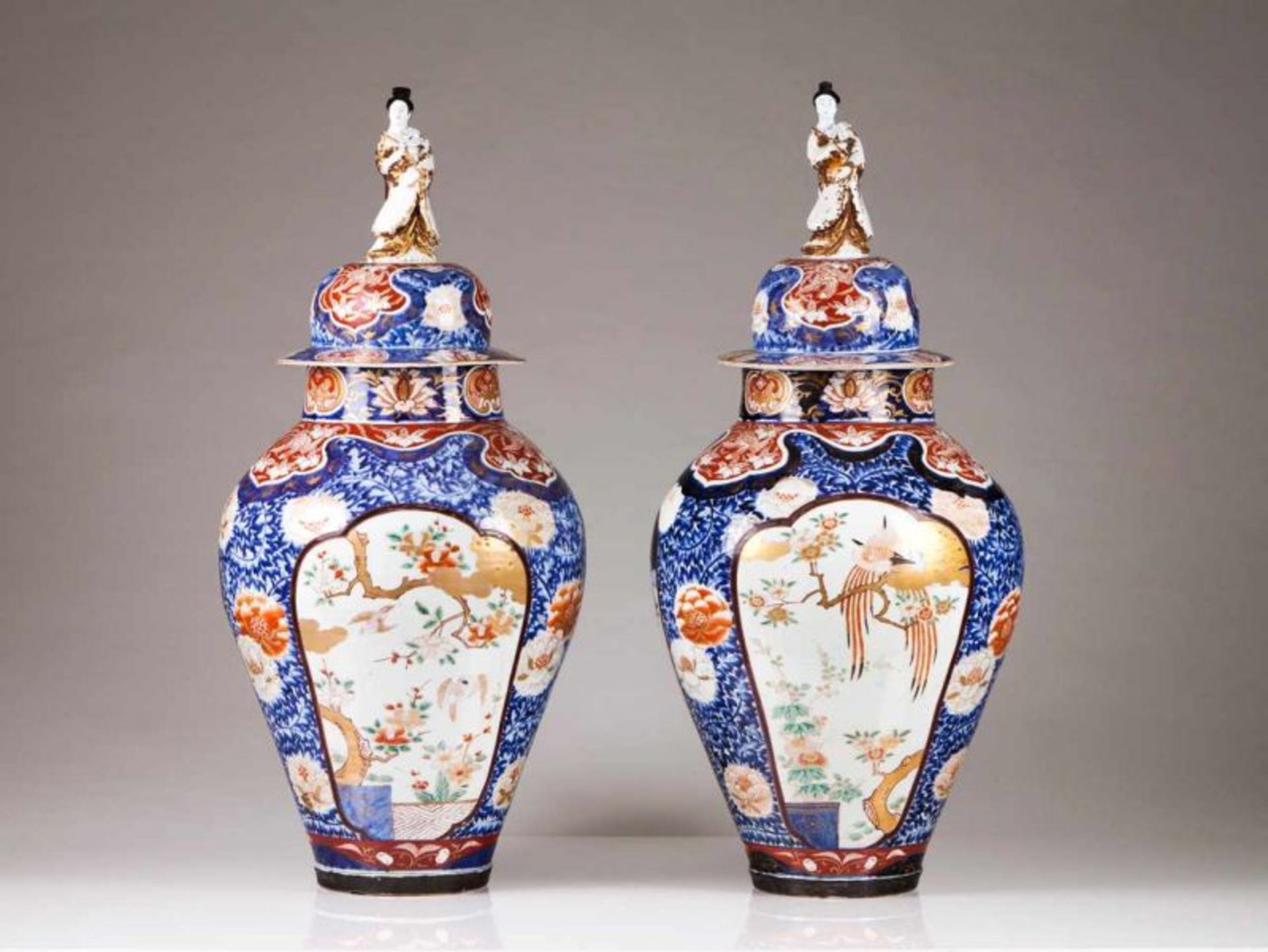 A pair of vases with covers Japanese porcelain Blue, rouge-de-fer and gilt Imari decoration