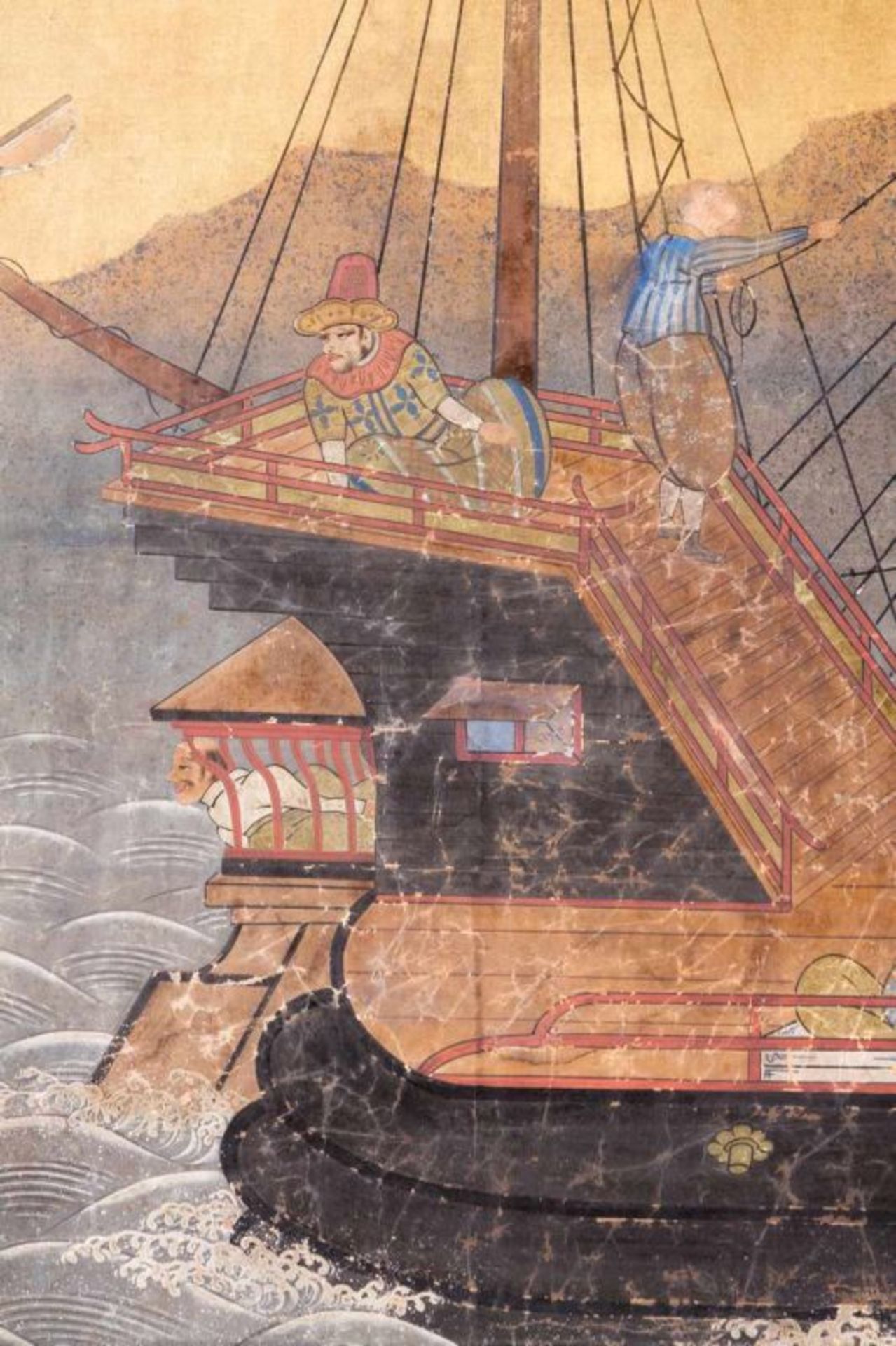 A 17th century Namban two-panel folding screen Depicting the arrival of business ship (Nau do - Image 3 of 5