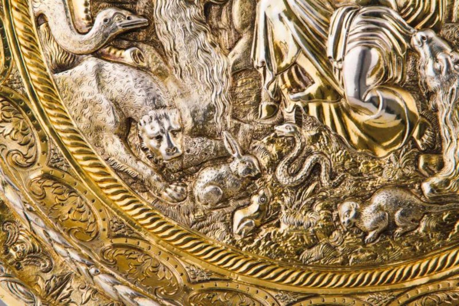 A rare salver German silver gilt, first half of the 17th century Relief decoration with impressive - Image 3 of 5