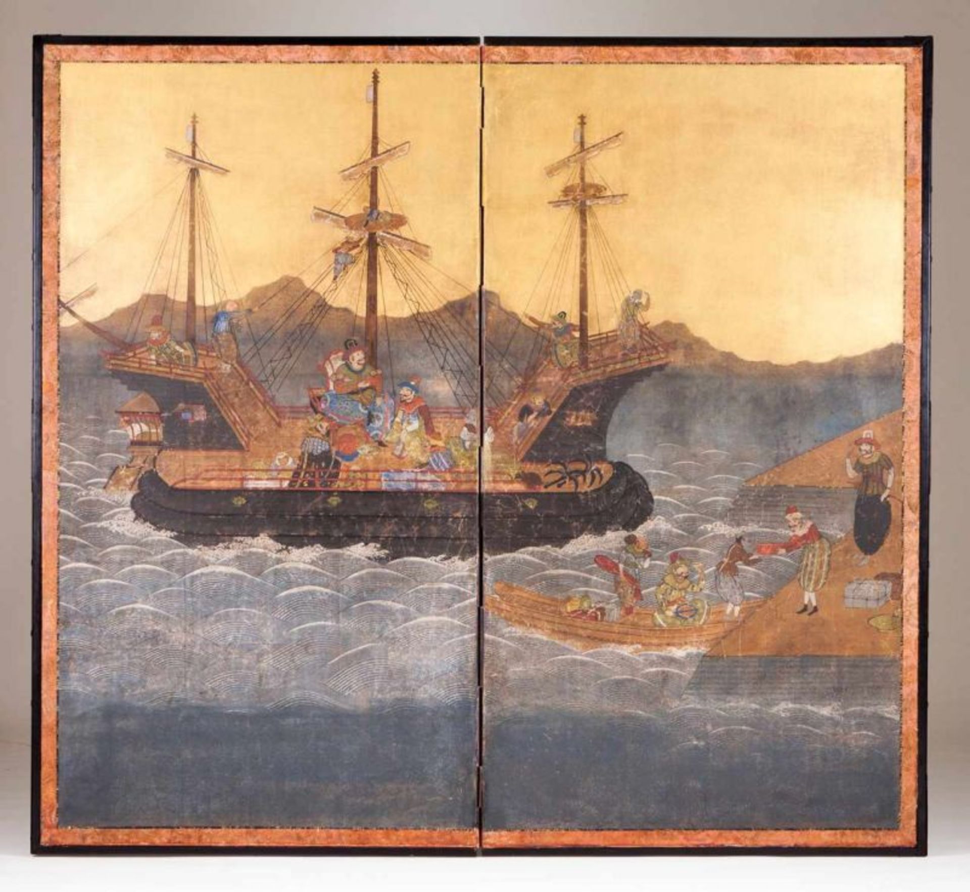 A 17th century Namban two-panel folding screen Depicting the arrival of business ship (Nau do