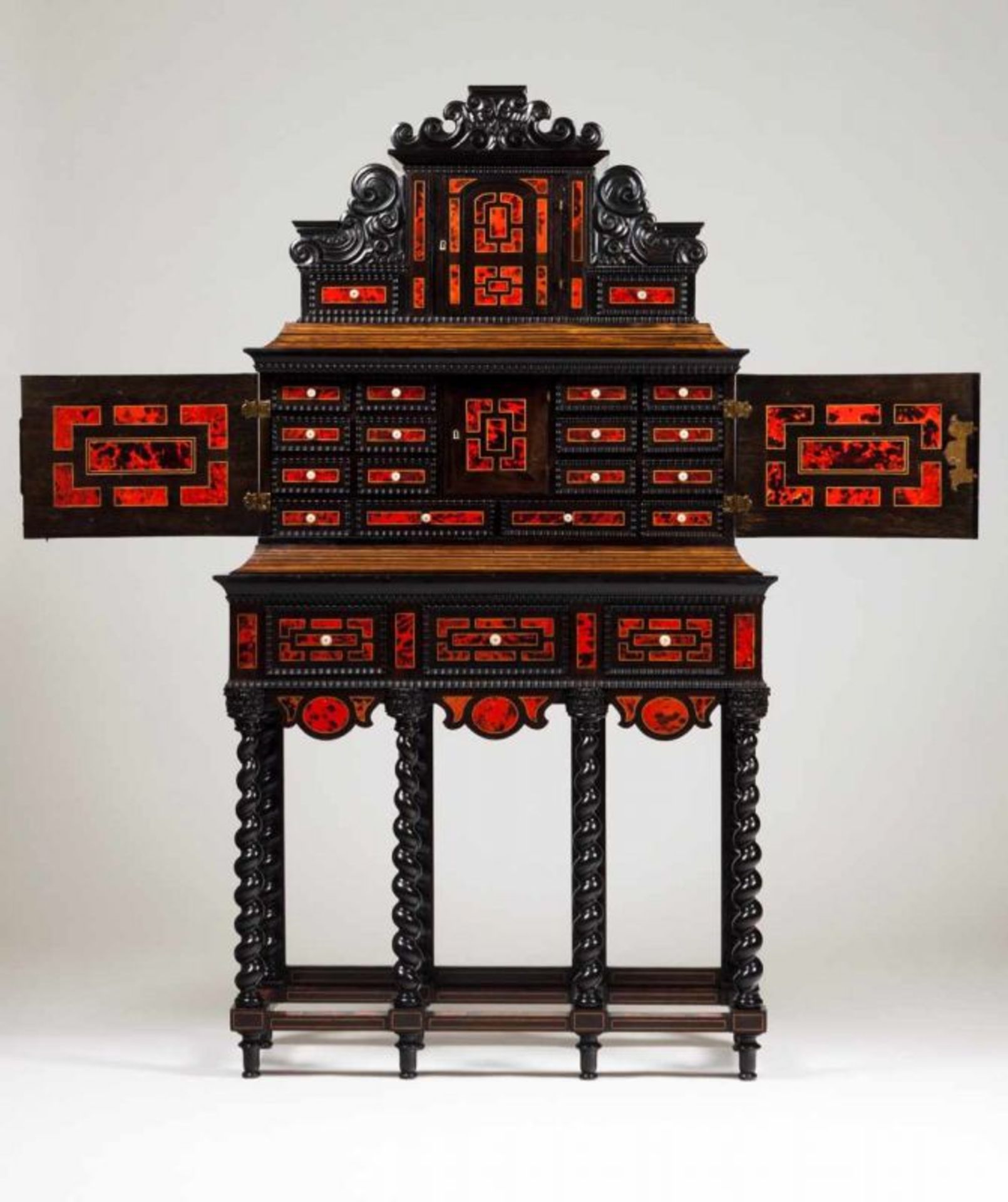 A 19th century Mannerist cabinet Ebonized wood with tortoiseshell plaques, ivory friezes and - Image 2 of 2