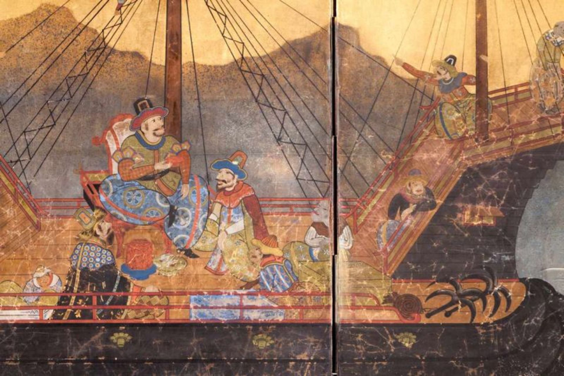 A 17th century Namban two-panel folding screen Depicting the arrival of business ship (Nau do - Image 2 of 5