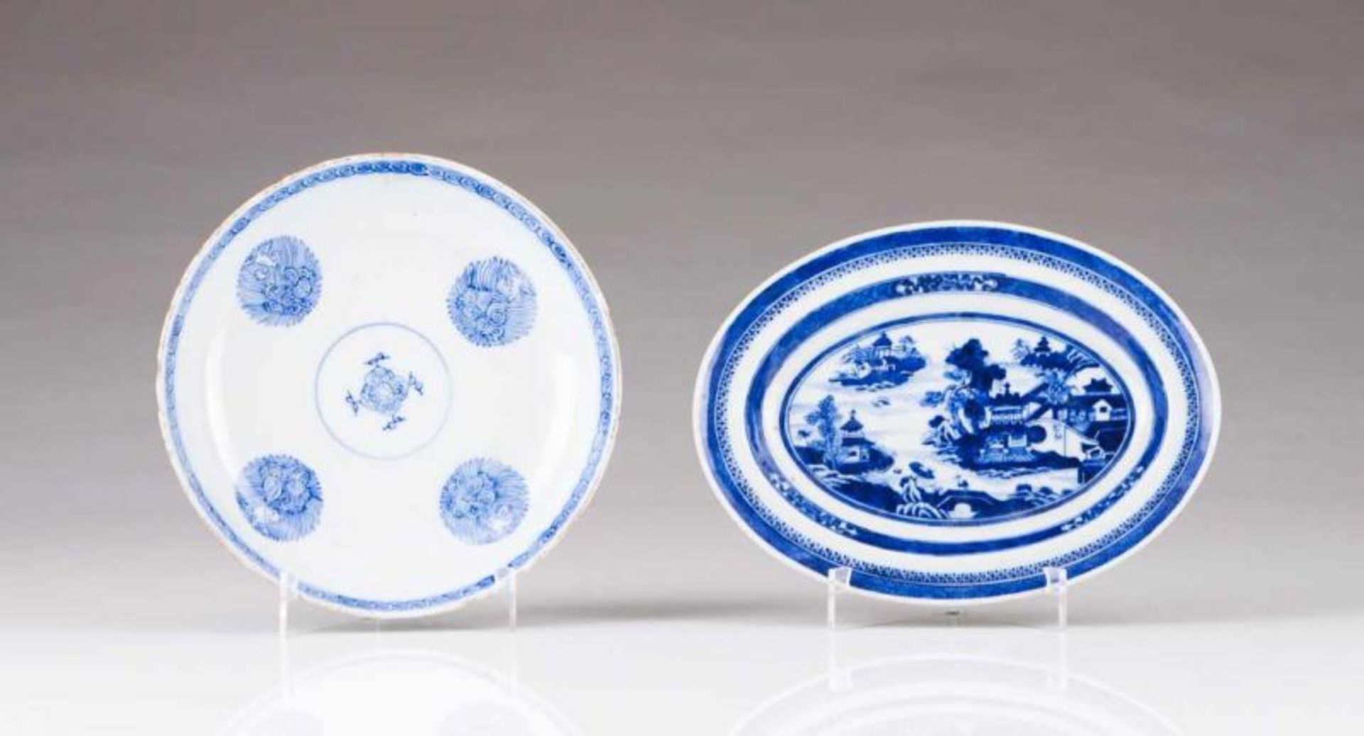 A small oval dish Chinese export porcelain Blue Canton depicting riverscape with pagoda Daoguang