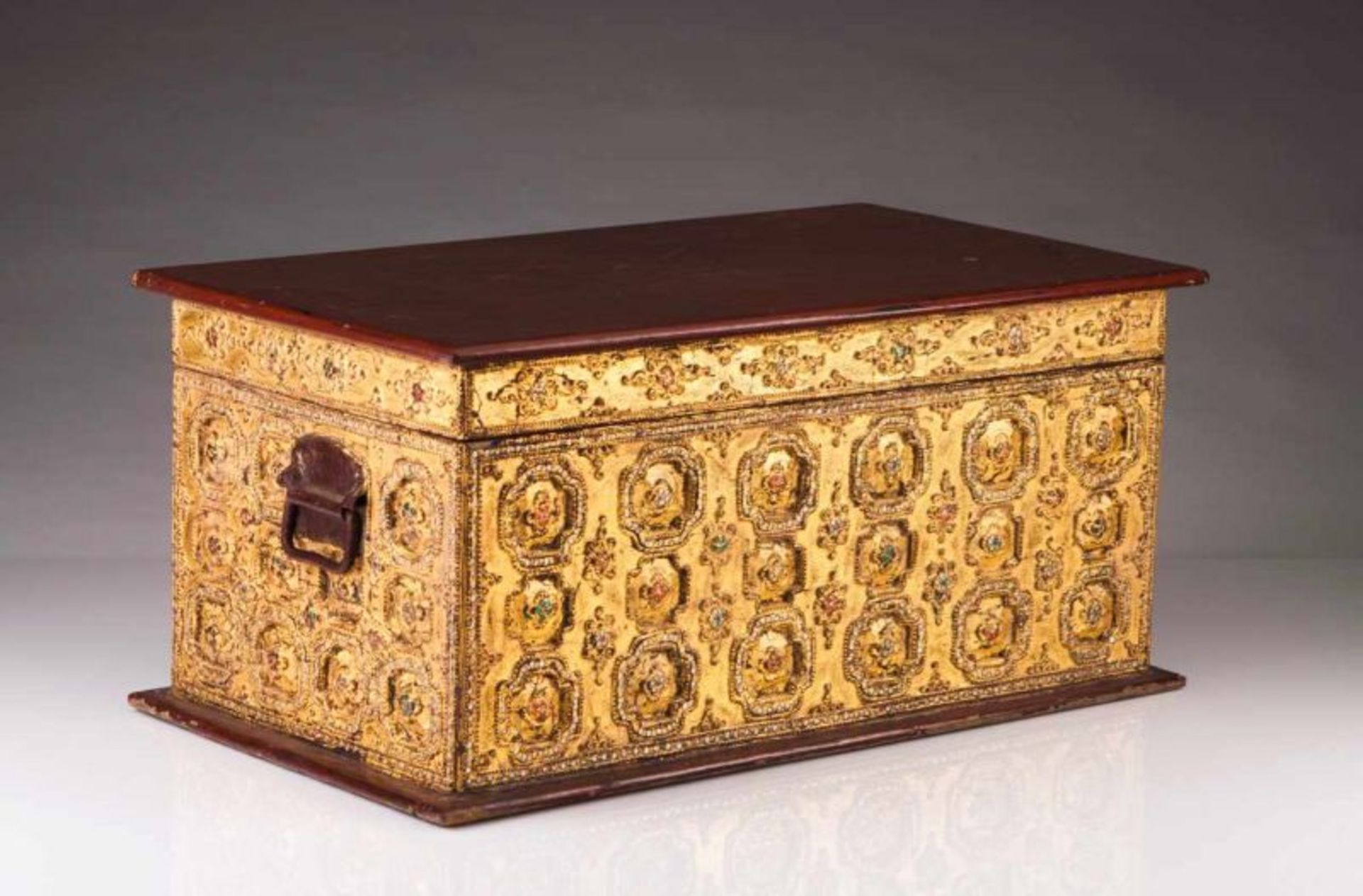 A chest Carved and gilt wood set with colored paste, decoration depicting floral motifs Burmese (