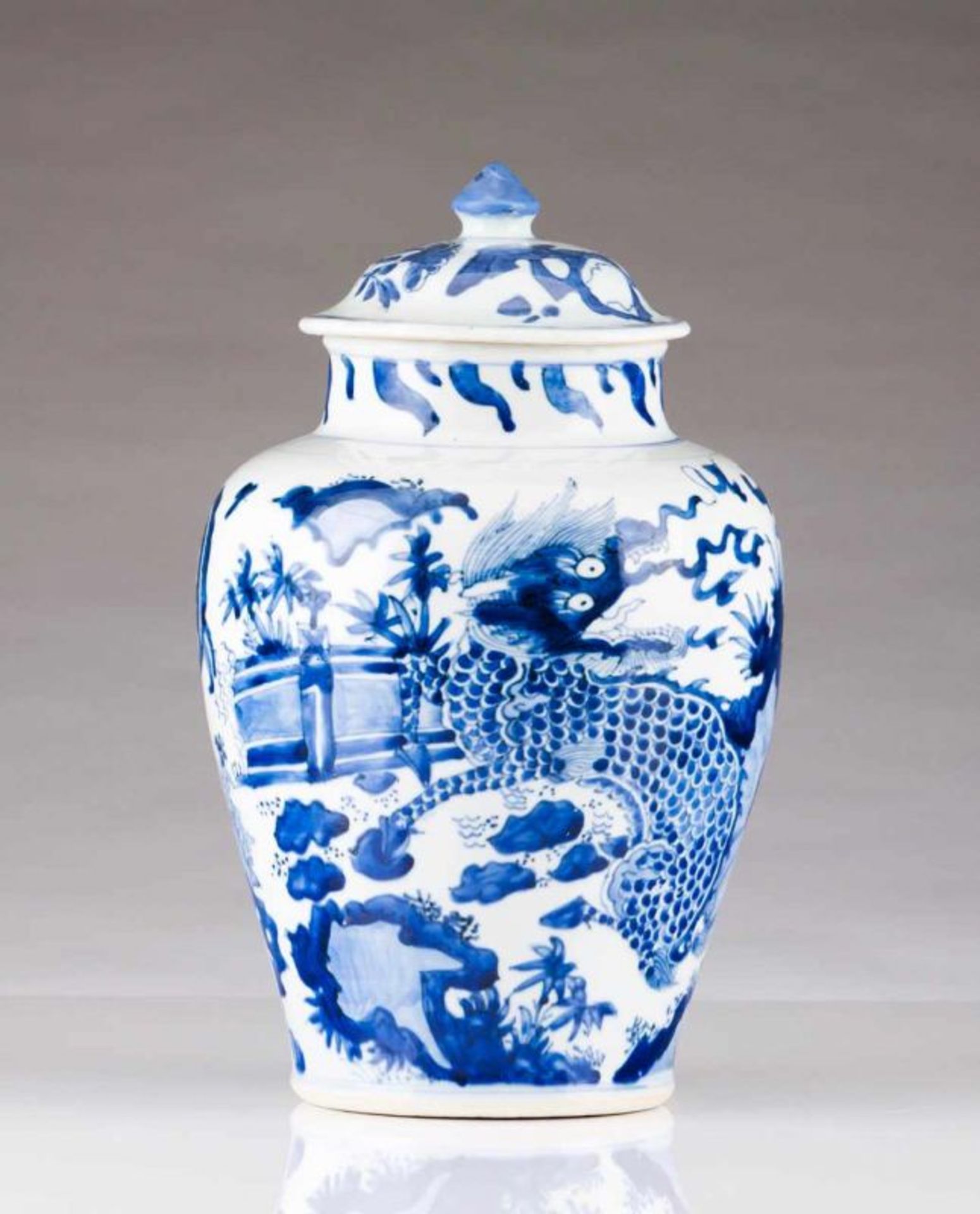 A vase with cover Chinese porcelain Blue decoration depicting garden view and dragon Kangxi