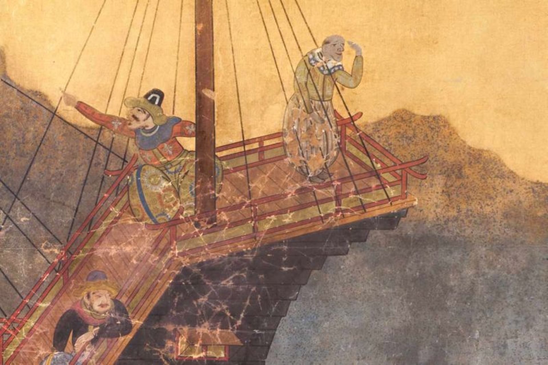 A 17th century Namban two-panel folding screen Depicting the arrival of business ship (Nau do - Image 4 of 5